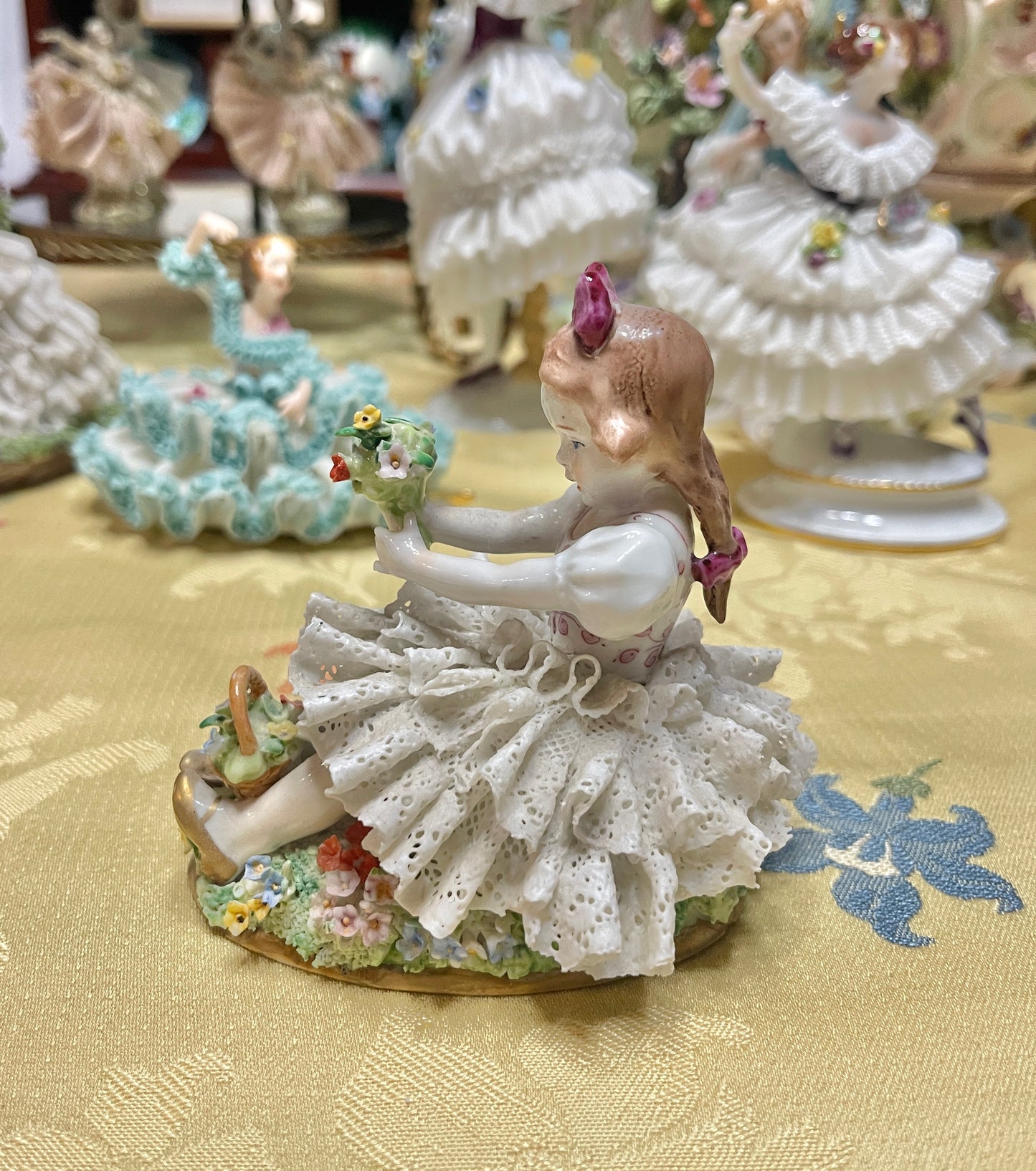 Vintage German Porcelain Dresden-Style Lace Girl Figurine with Bouquet of Flowers | Marked Germany