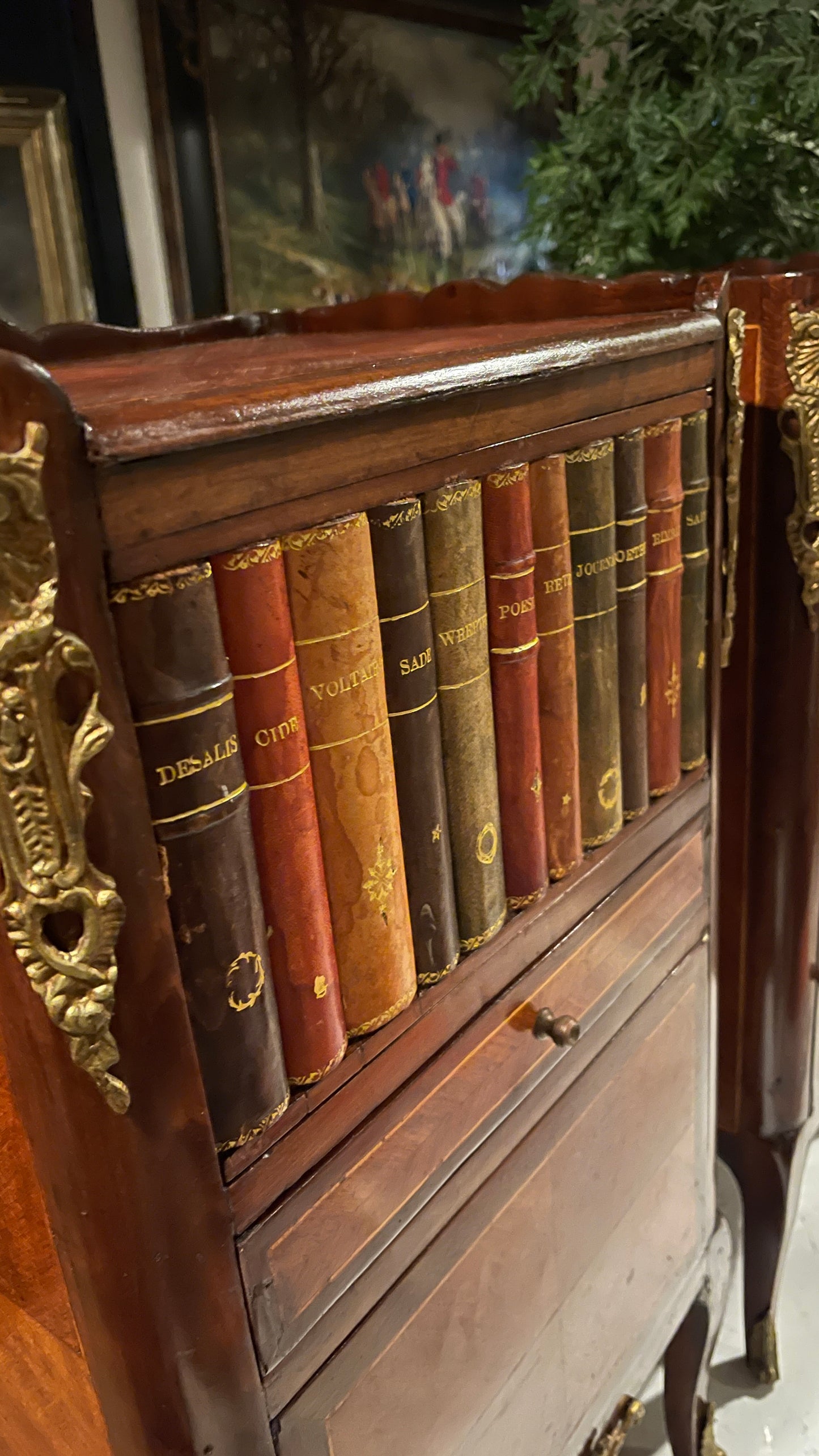 Pair of French Louis XV Style Leather Faux Book Front Bedside Cabinets | Ormolu Mounted Mahogany & Parquetry Side Tables