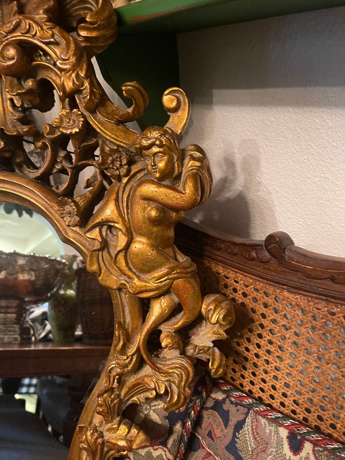 Monumental Neoclassical Rococo Giltwood Mirror with Figural Cornucopia Motifs