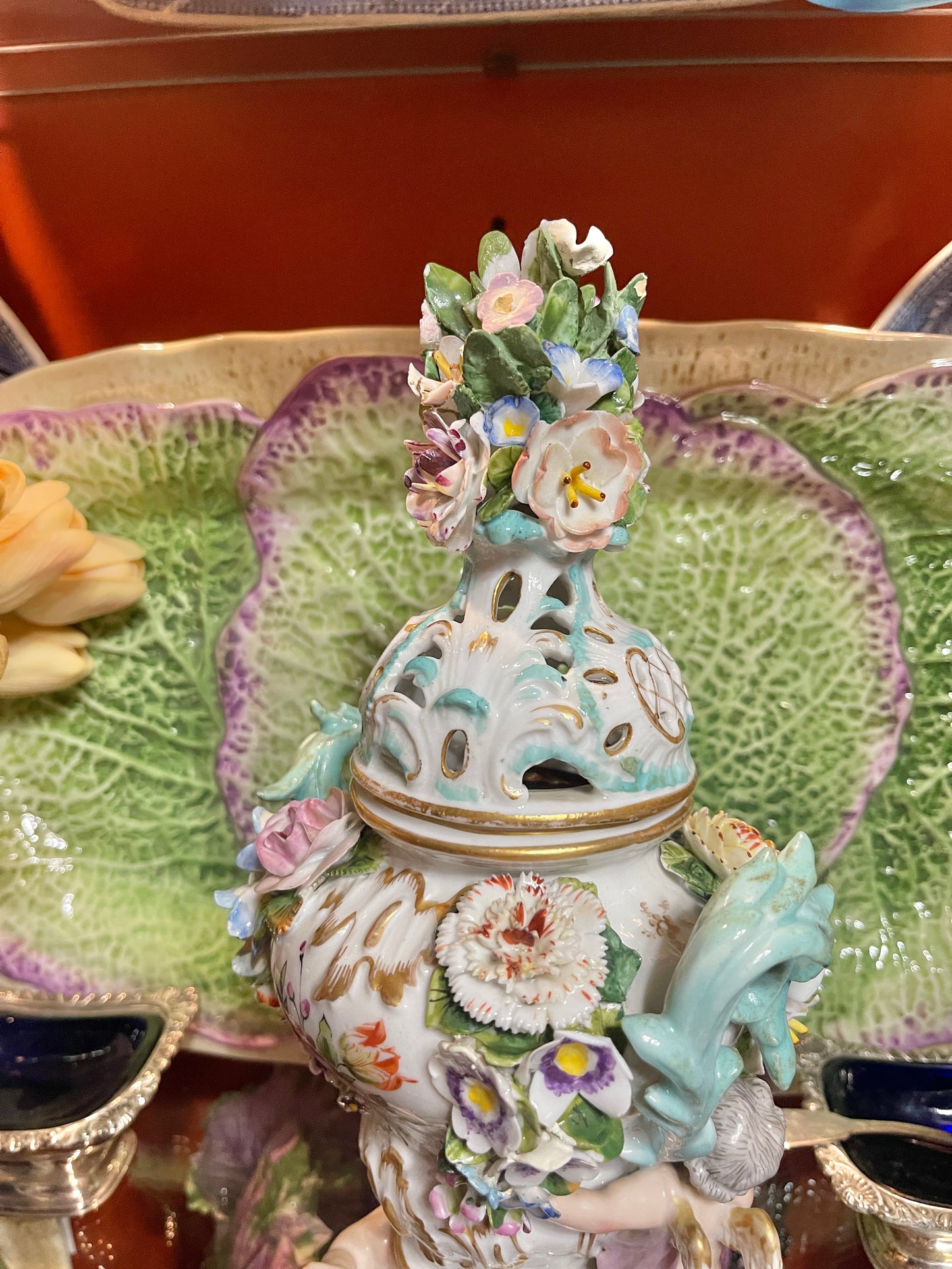 Antique Meissen Potpourri Urn with Cherubs | Bird Scene Porcelain | Floral Encrusted | 11.5”