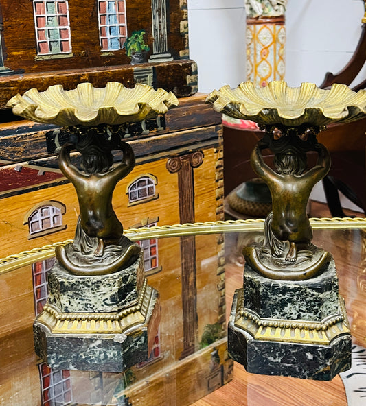 Antique Bronze & Marble Putti Tazzas — Pair, Estate Sourced Heirloom Decor