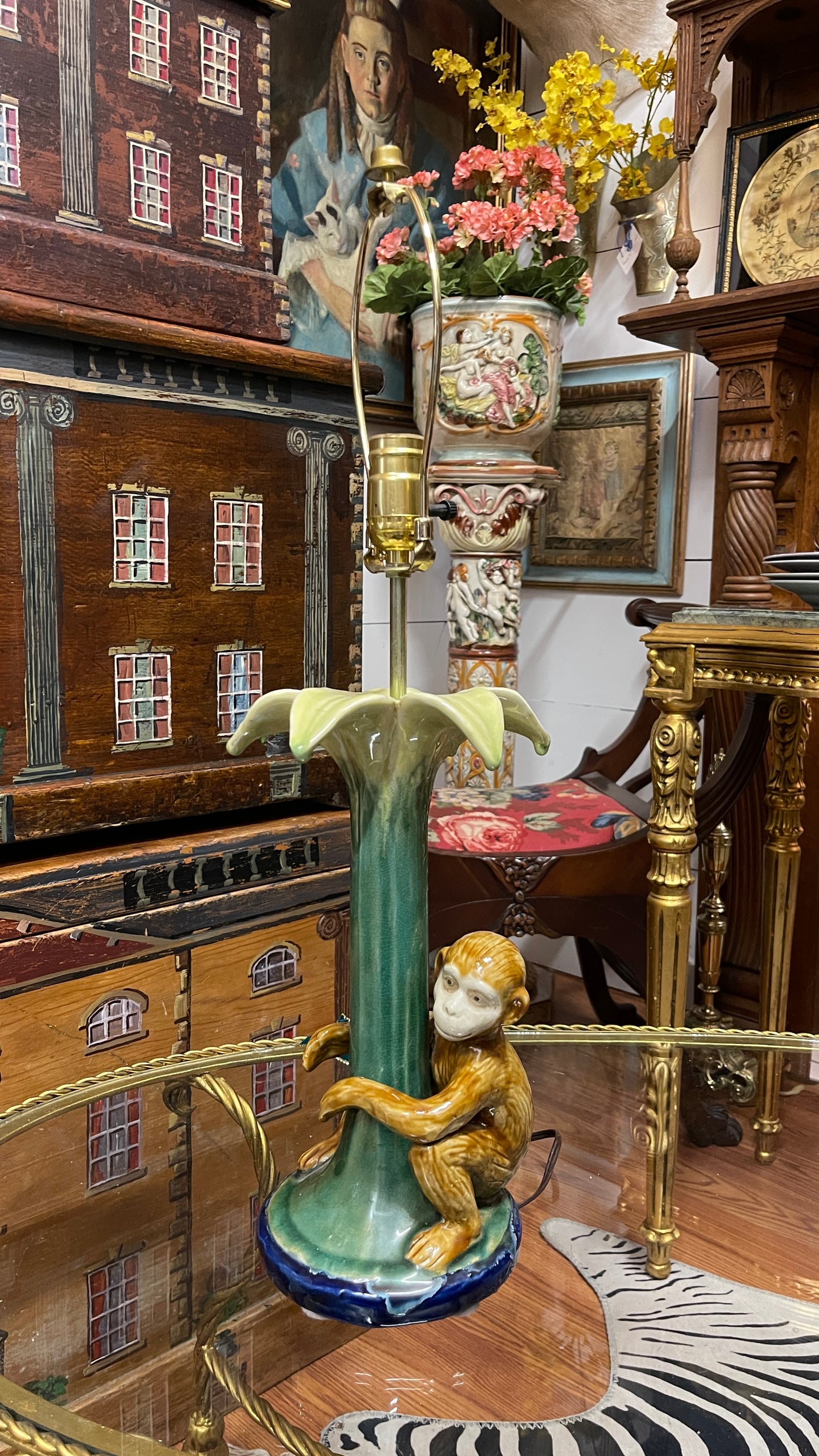 Vintage Majolica-Style Monkey Lamp