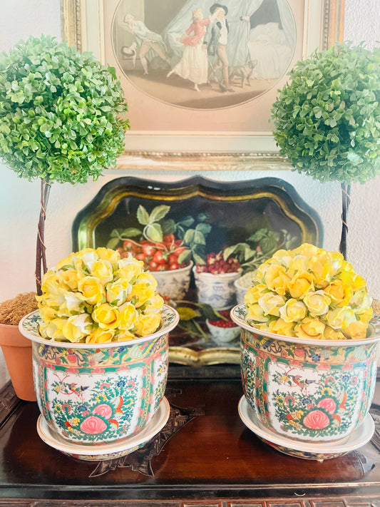 Vintage Chinoiserie Rose Canton Cachepot with Saucer- TWO AVAILABLE