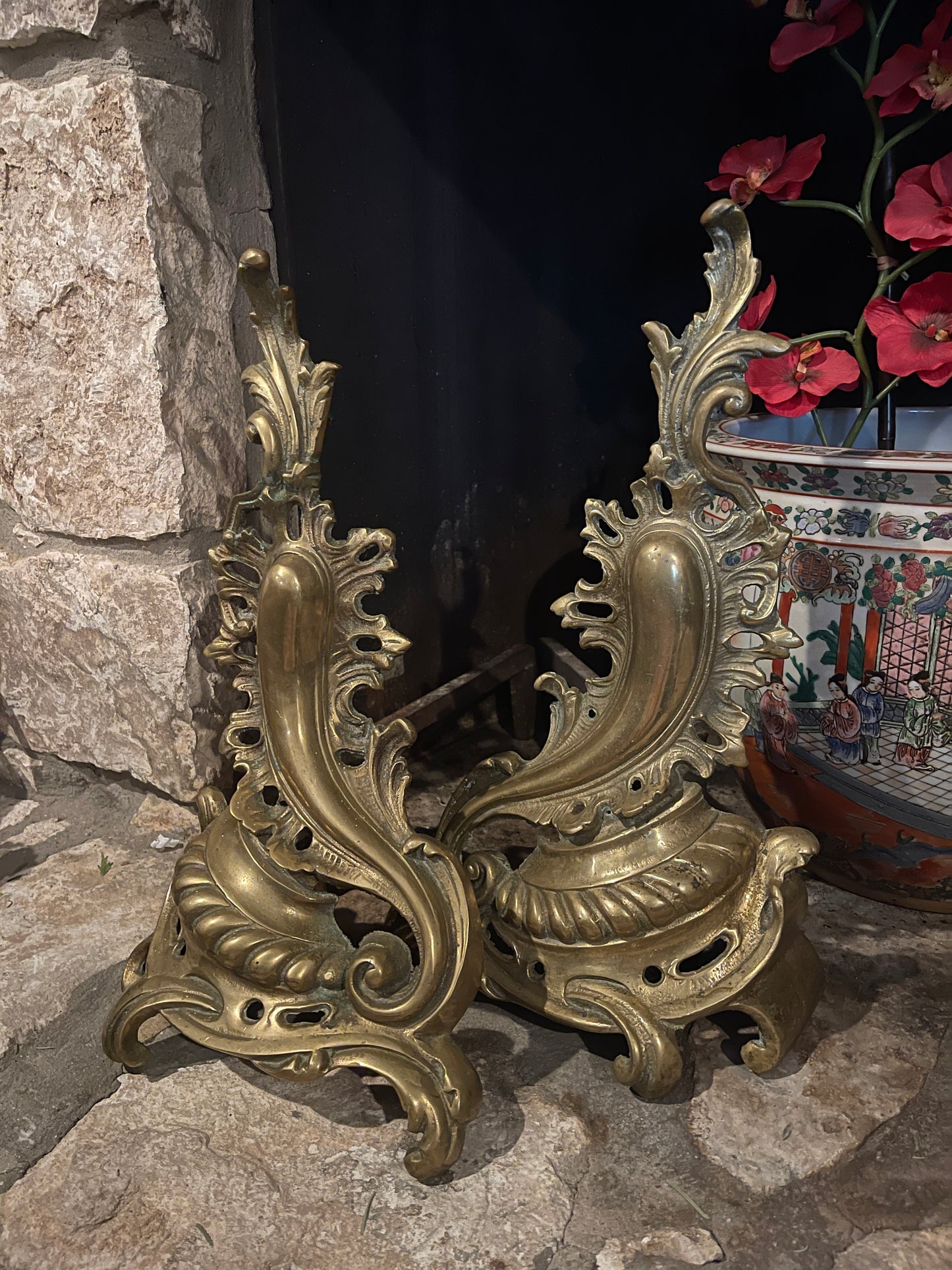 Antique Sheffield, New York Gilt Brass Andirons | Rococo Revival Fireplace Andirons | Sourced in Memphis| Heirloom Estate Decor