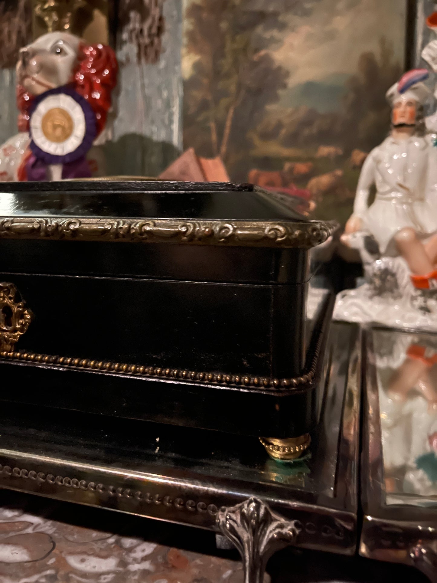 19th Century French Napoleon III Ebonized Mother-of-Pearl Inlaid Box with Hand-Painted Porcelain Plaque – Round Top Find