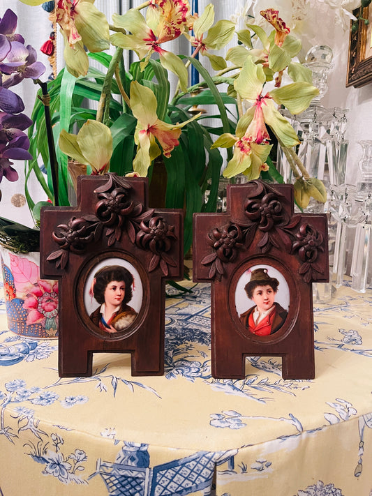 Pair of Antique Porcelain Portraits, Ornate German Black Forest Wood Frame, Black Forest Wood Carved Frame German Antique