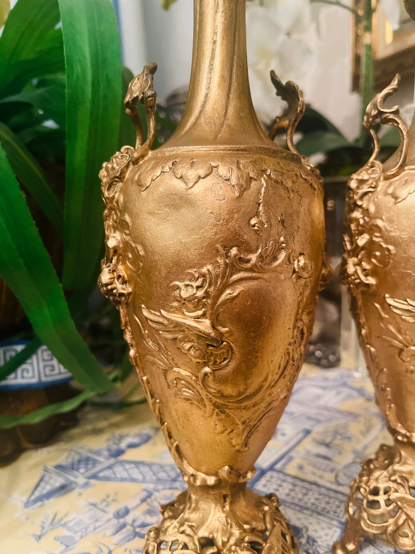 Gilded Louis XV Rococo Bronze French Footed Vases, Ornate Design