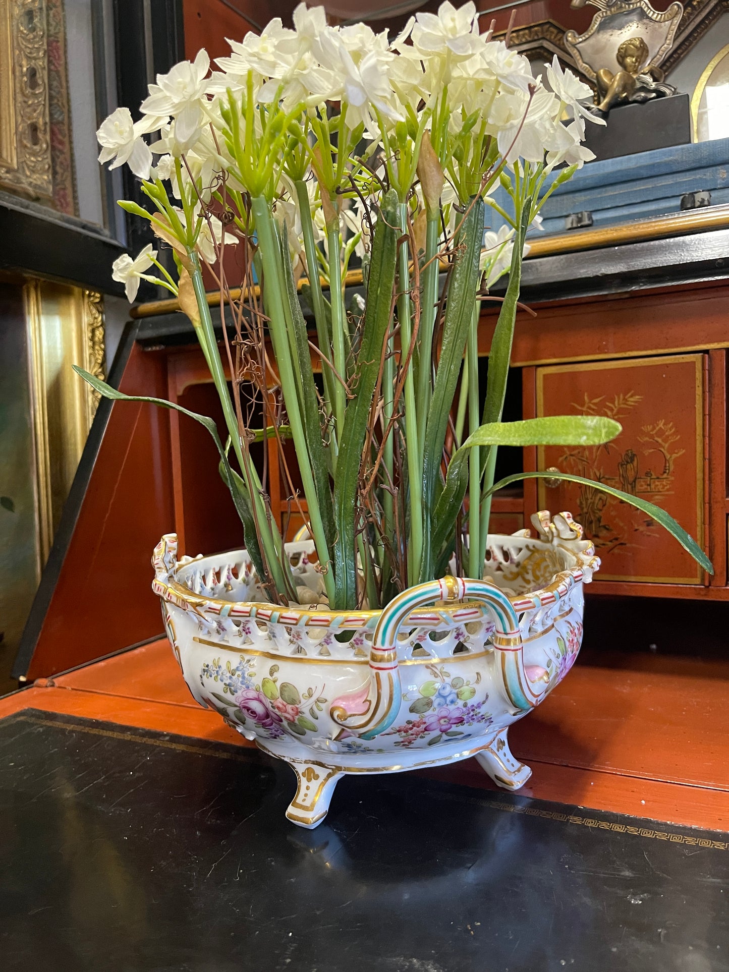 Vintage Meissen Footed Jardinière Bowl | Marked | Hand-Painted Floral Bouquets and Bow with Gilt Detail