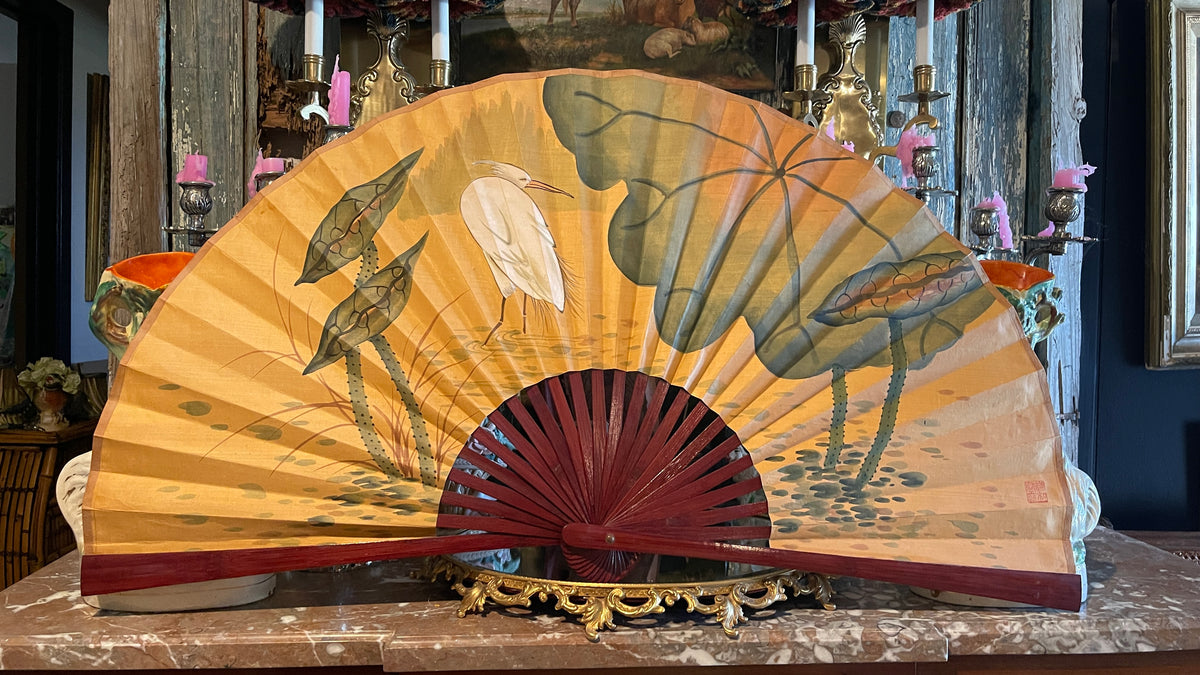 Vintage Chinoiserie Paper Wall Fan with White Egret & Botanical Design | 37” Wide