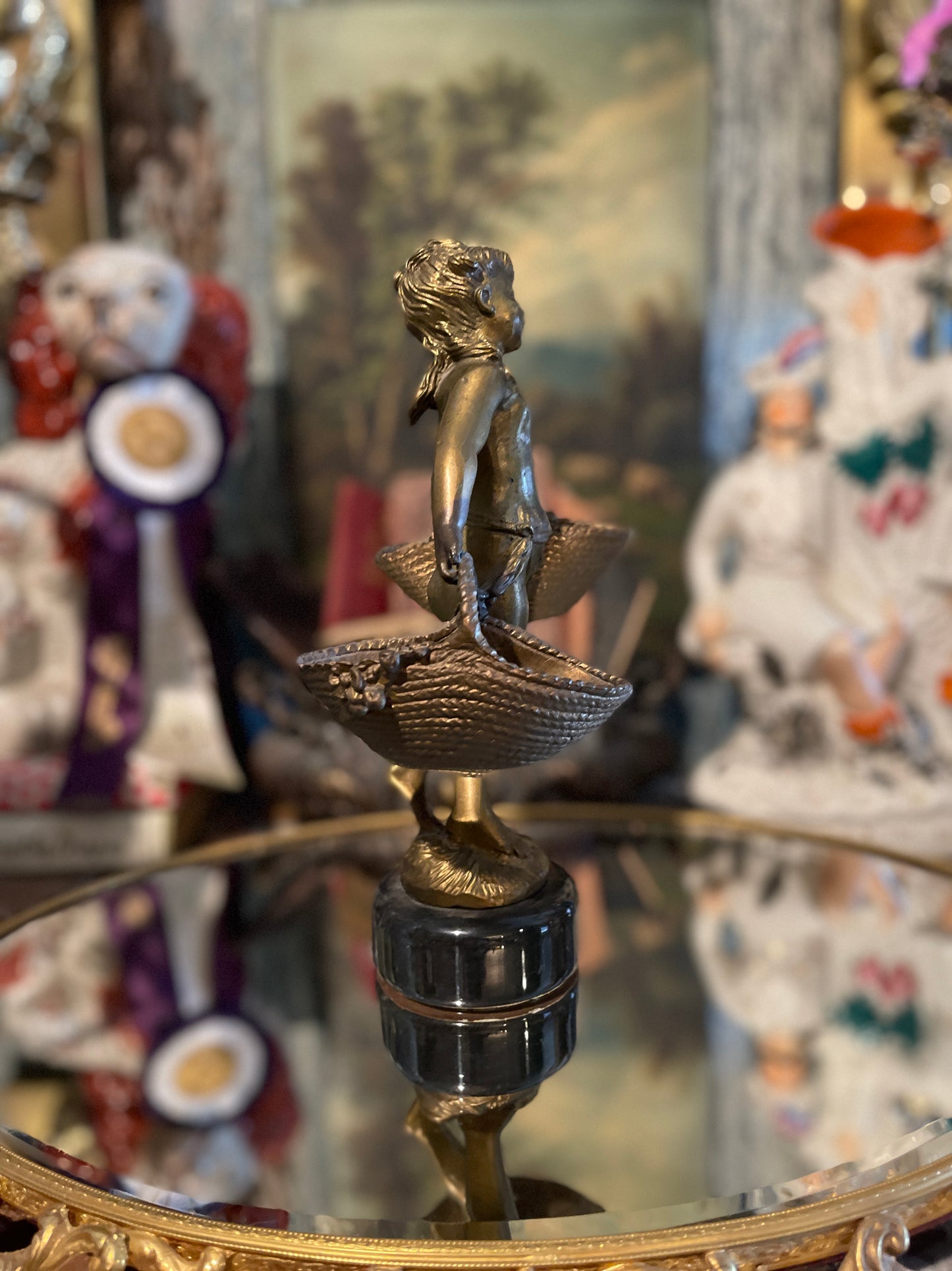 Patinaed Brass Figural Statue with Flower Baskets on Dark Marble Style Metal Base, Estate-Sourced, Vintage