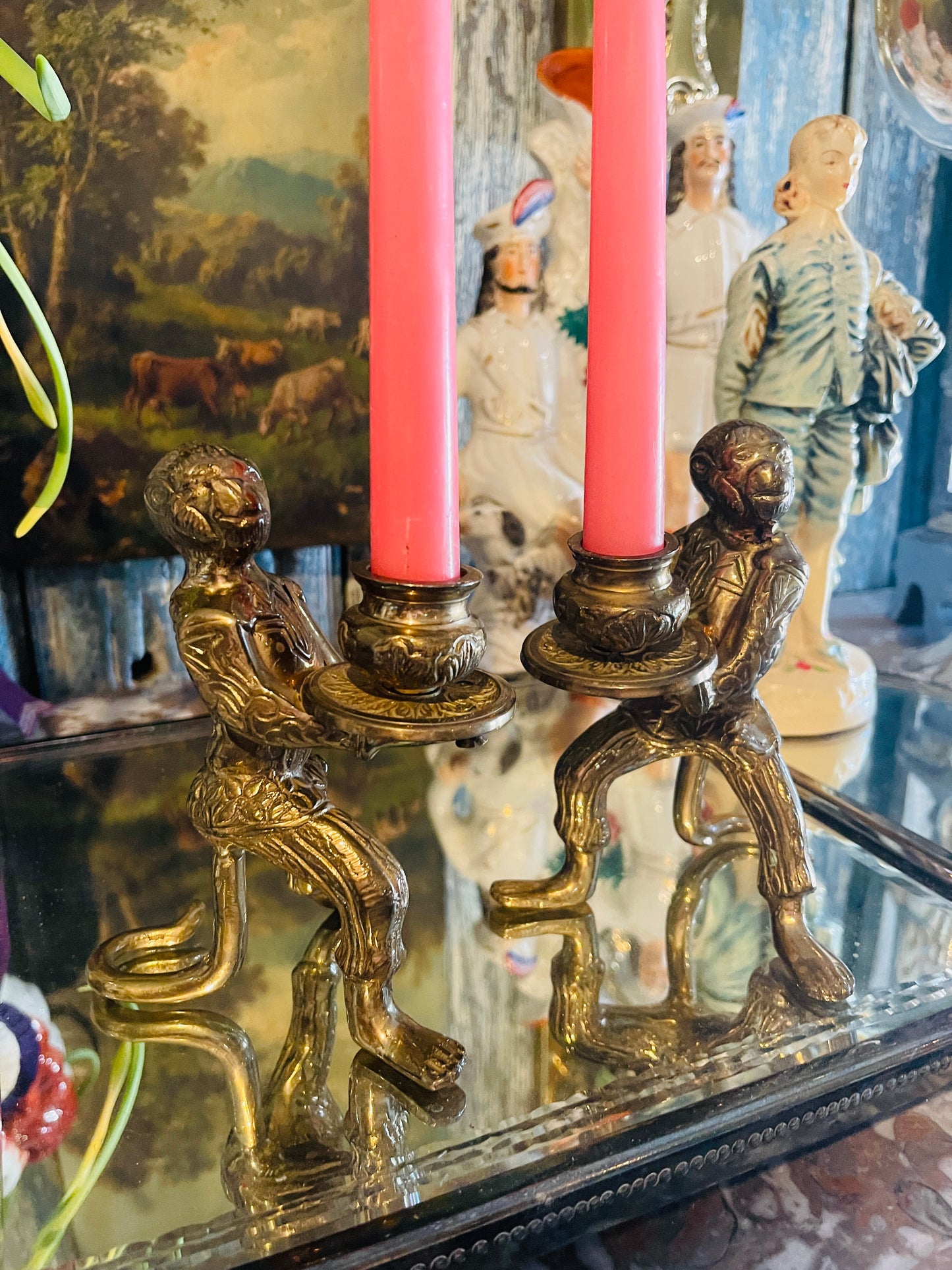 Pair of Vintage Brass Monkey Butler Candlesticks | Figural Brass Candle Holders