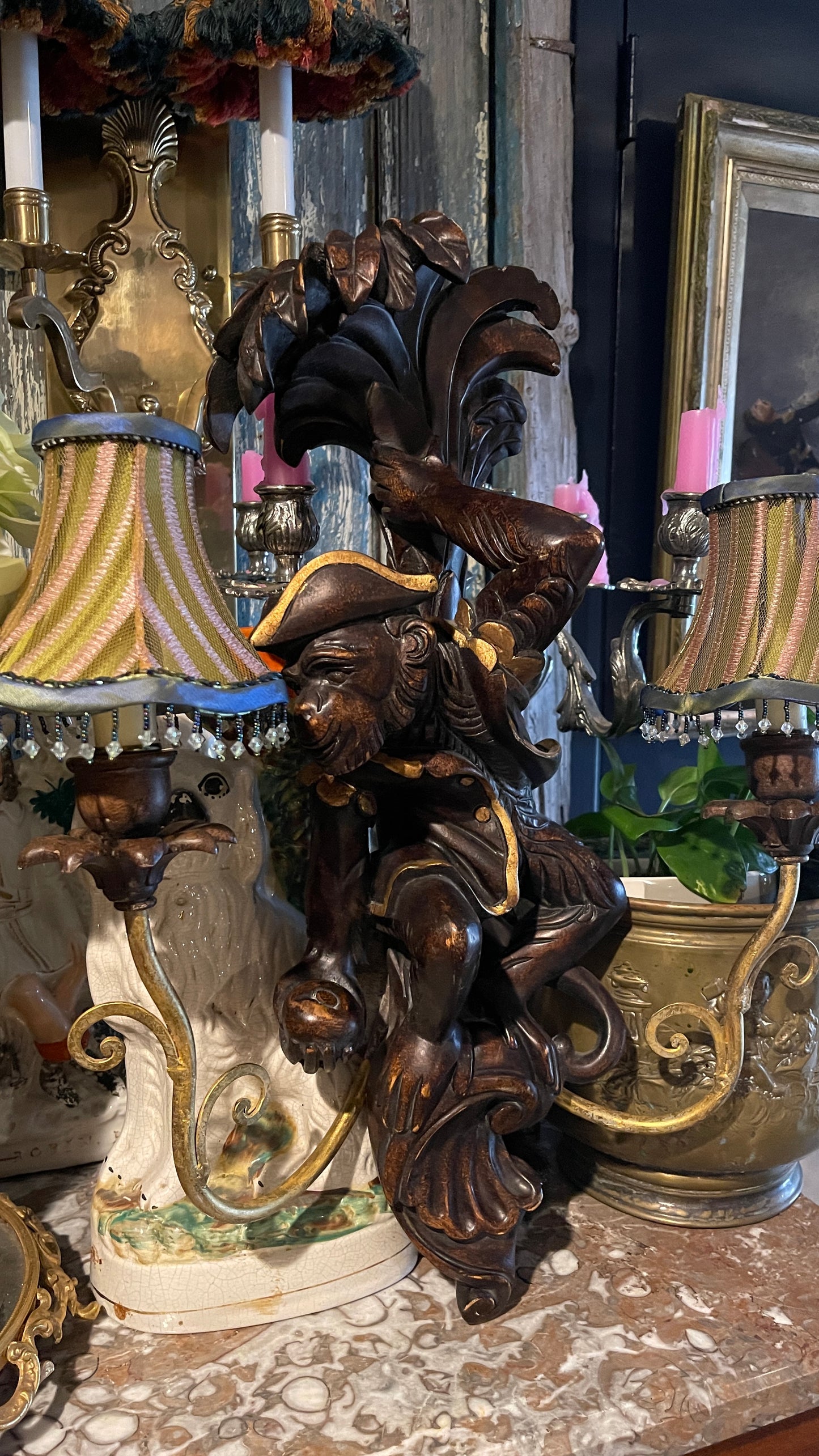 Pair of Vintage Carved Wood Monkey Sconces | Architectural Salvage Whimsical Lighting