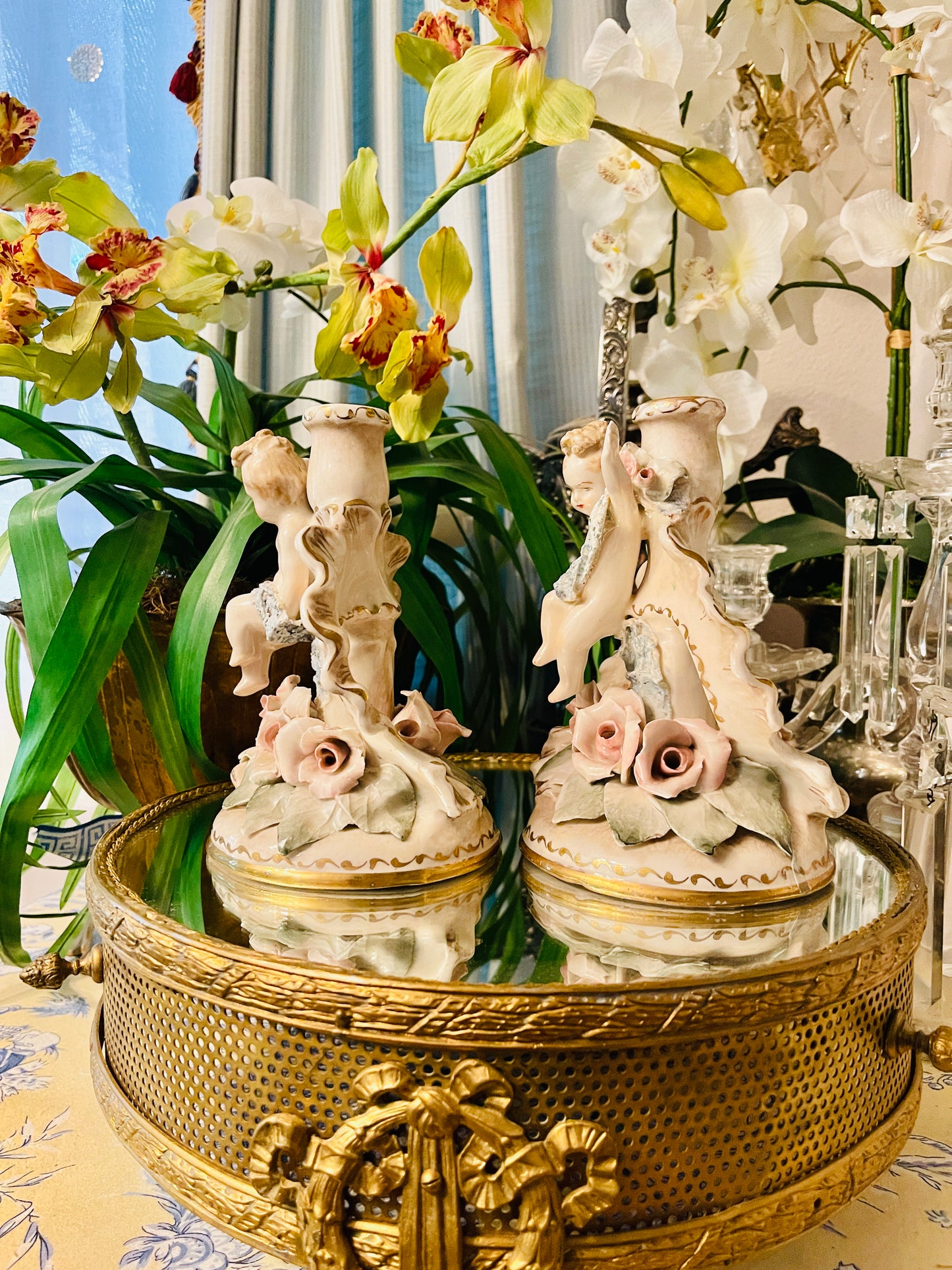 Vintage Cordey Porcelain Cherub Candleholders with Roses – Mirrored Pair