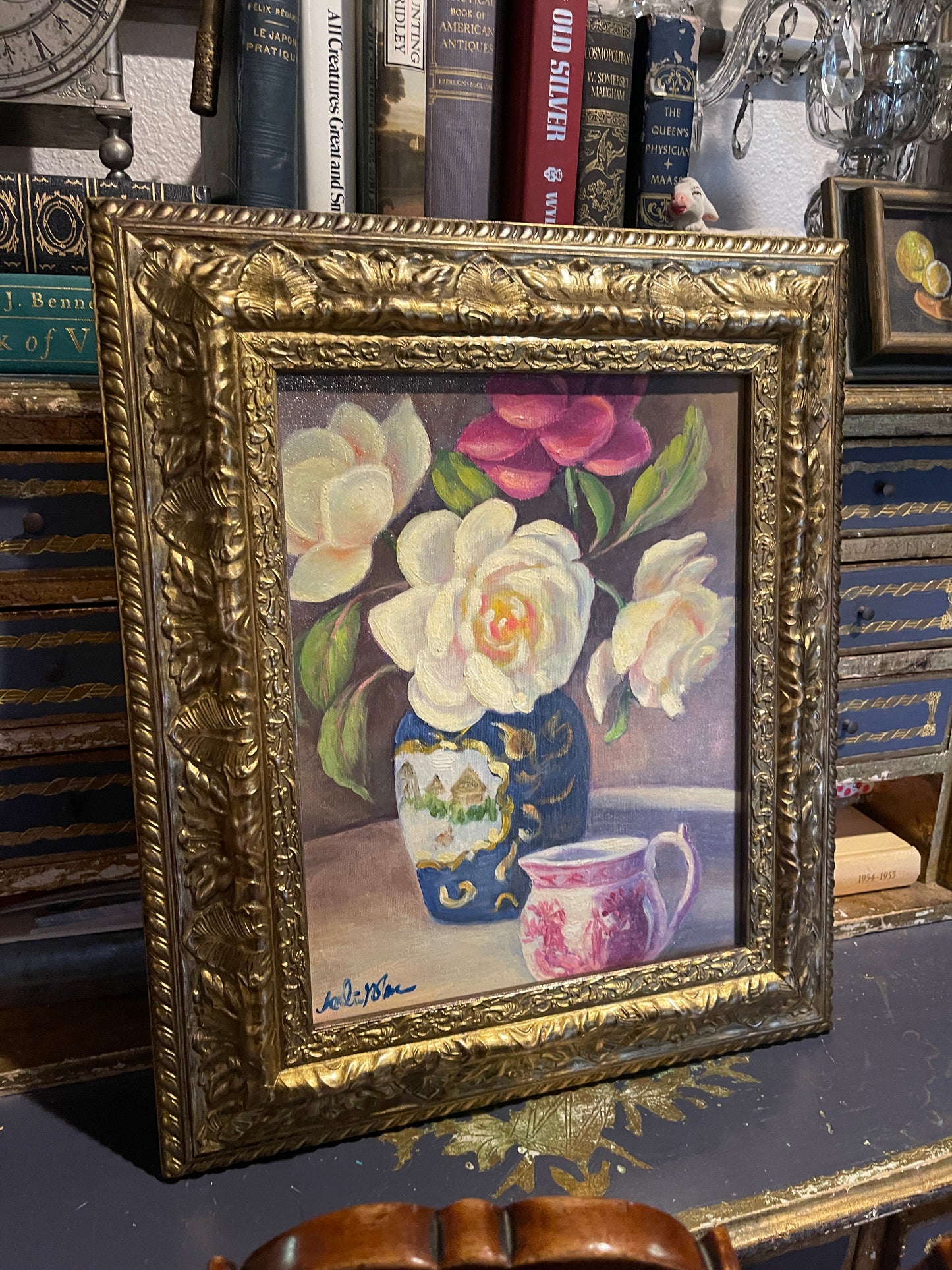 Vintage Floral Still Life Oil Painting — White Blooms in Chinoiserie Vase with Pink Teacup, Ornate Gilt Frame