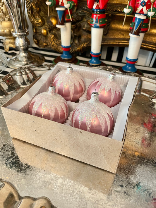 Vintage Pink Mica Topped Hand Blown Glass Ornaments, Set of Four, Original Box