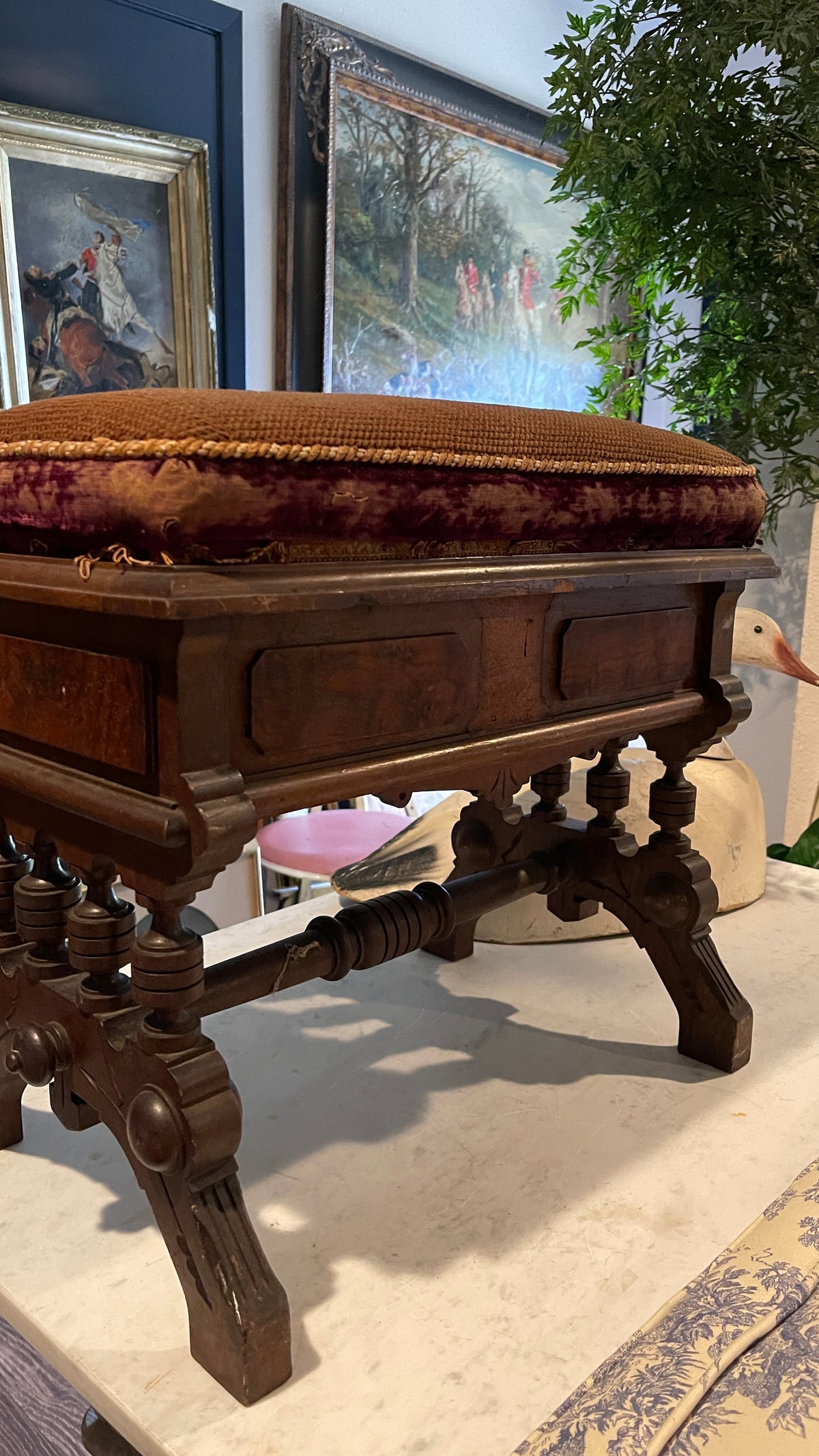 Antique Eastlake-Style Dog Needlepoint Storage Bench
