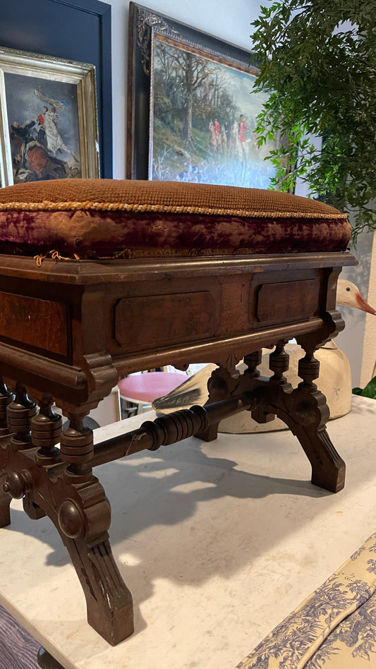 Antique Eastlake-Style Dog Needlepoint Storage Bench