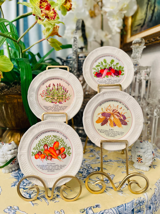 Set of 4 Les Gastronomiques De La Sante Potager Enchante Canapes Plates by Gien France, Les Radis, Le Mais, L’Asperge, and Les Carottes