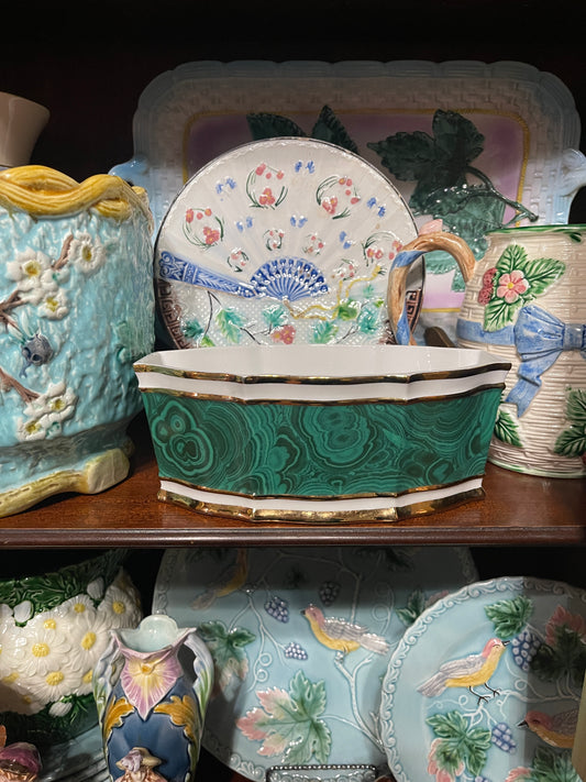Vintage Green Malachite-Style Jardinière Planter | Gold Trim Cachepot