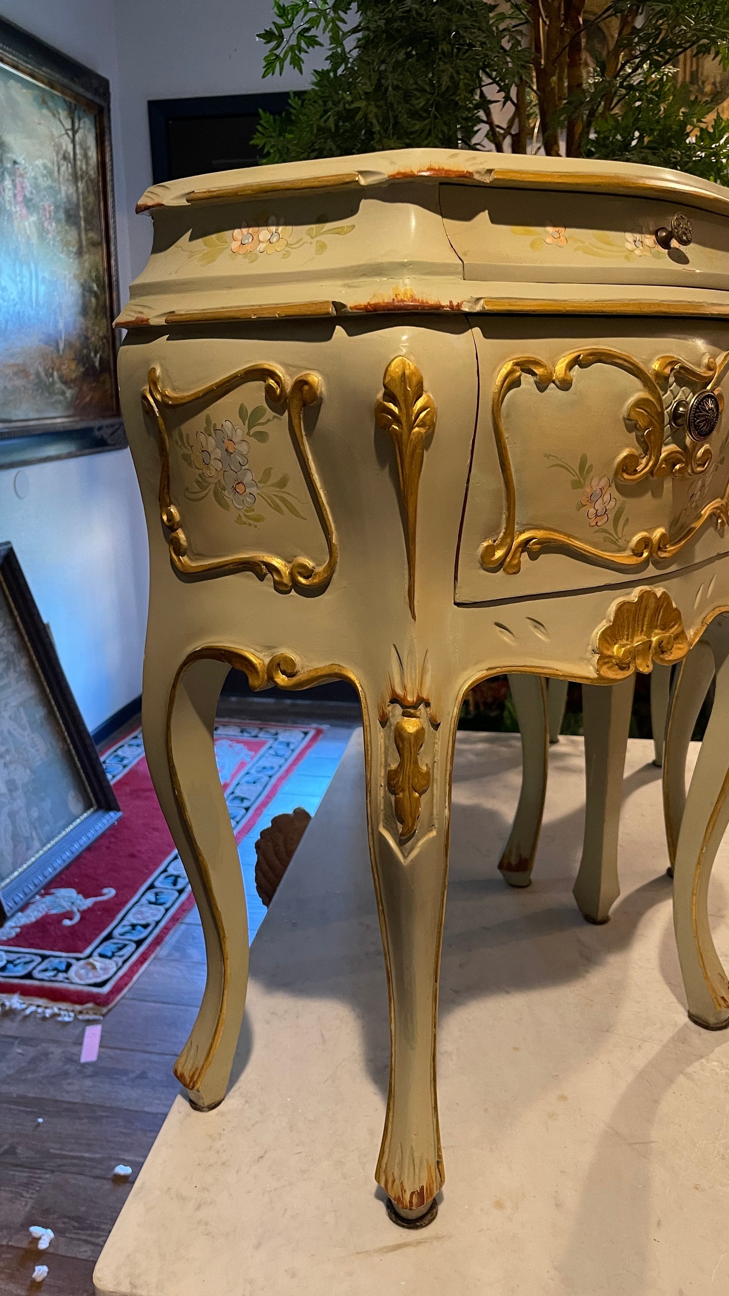 Vintage Pair of Louis XV Style Hand-Painted Bombe Bedside Cabinets | French Blue-Green Accent Chests