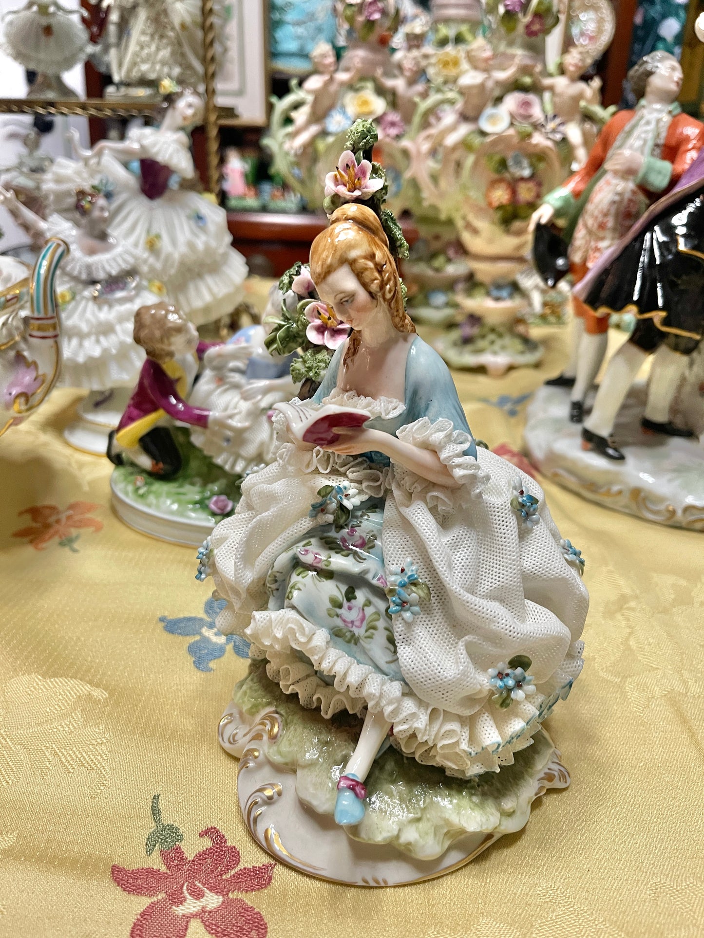 German Porcelain Dresden-Style Figurine | Vintage European Porcelain 
Girl with Book