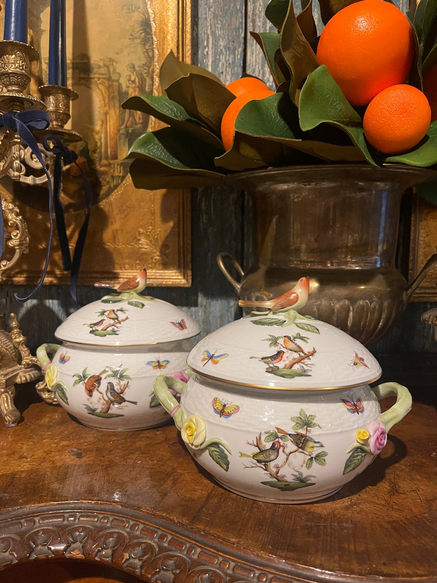 Vintage Herend Rothschild Bird Lidded Bean Pot With Bird Finial, Porcelain Flowers, Lovely Estate Decor