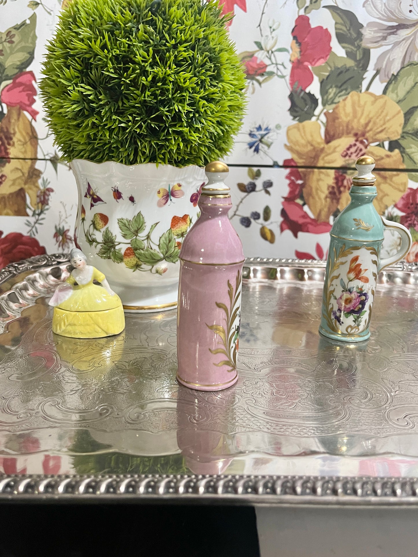 French Orlik Pink Perfume Bottle with Hand Painted Flowers and Gilt Detail