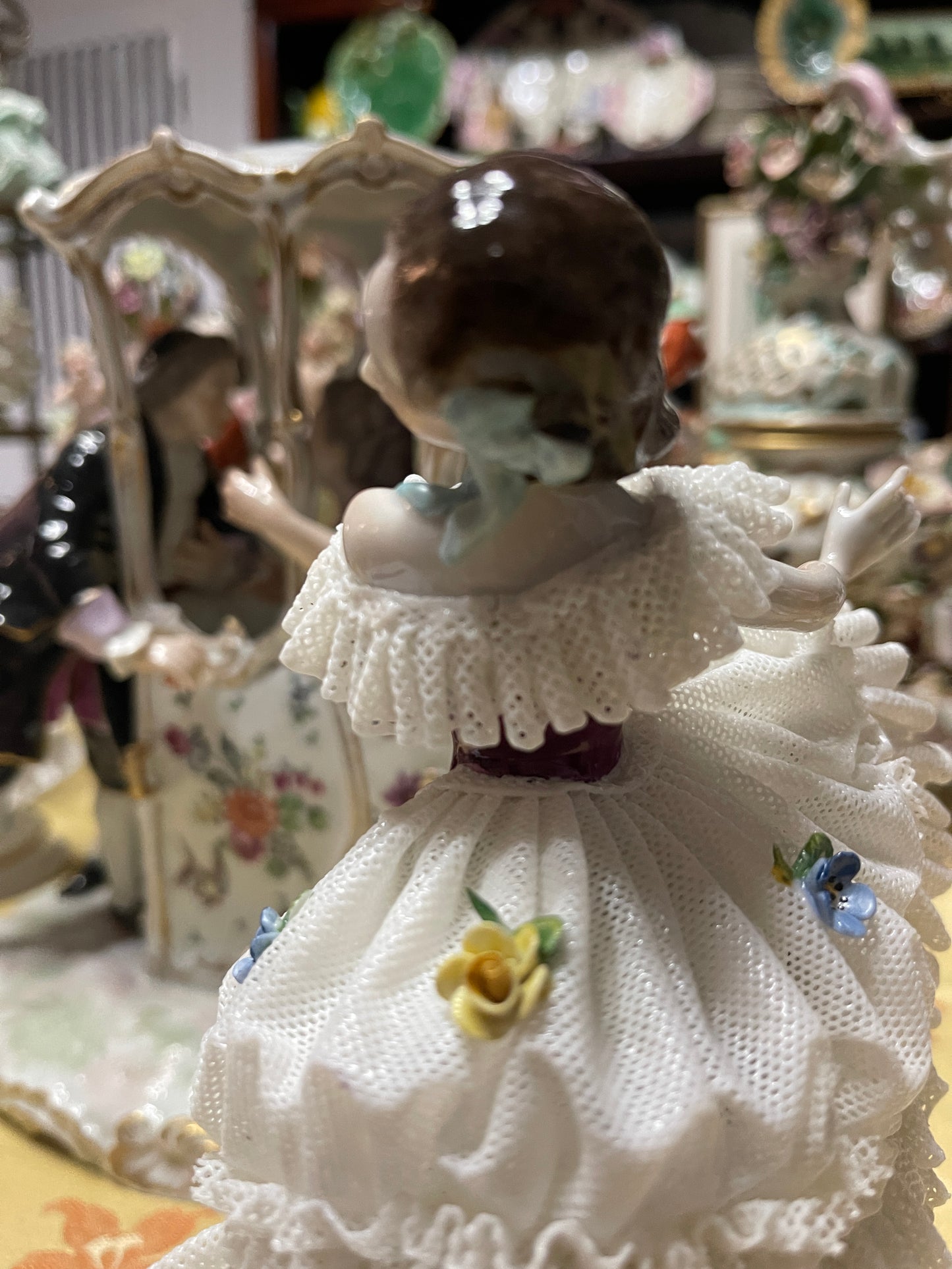 Vintage German Porcelain Lace Ballerina Figurine | Dresden Style Dancer with Applied Flowers