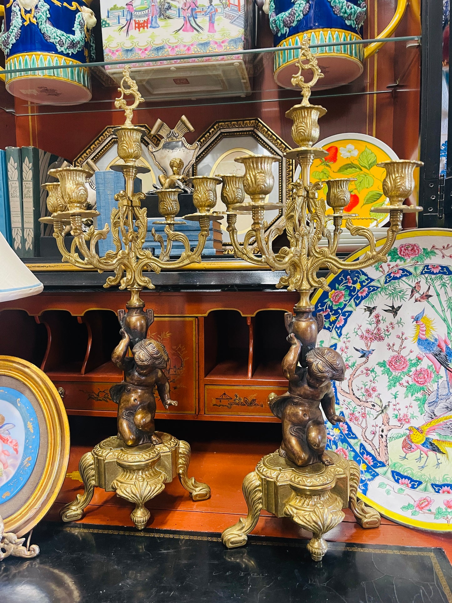 Pair of Vintage Italian Putti Candelabras – Gilt Bronze, Rococo Elegance