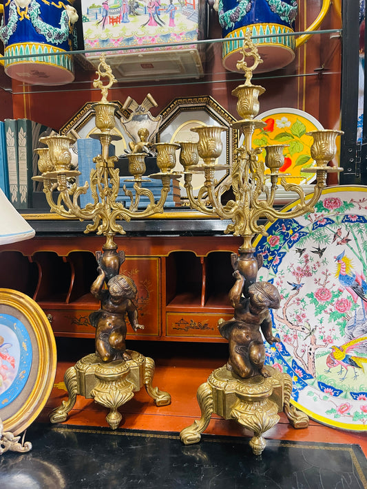 Pair of Vintage Italian Putti Candelabras – Gilt Bronze, Rococo Elegance