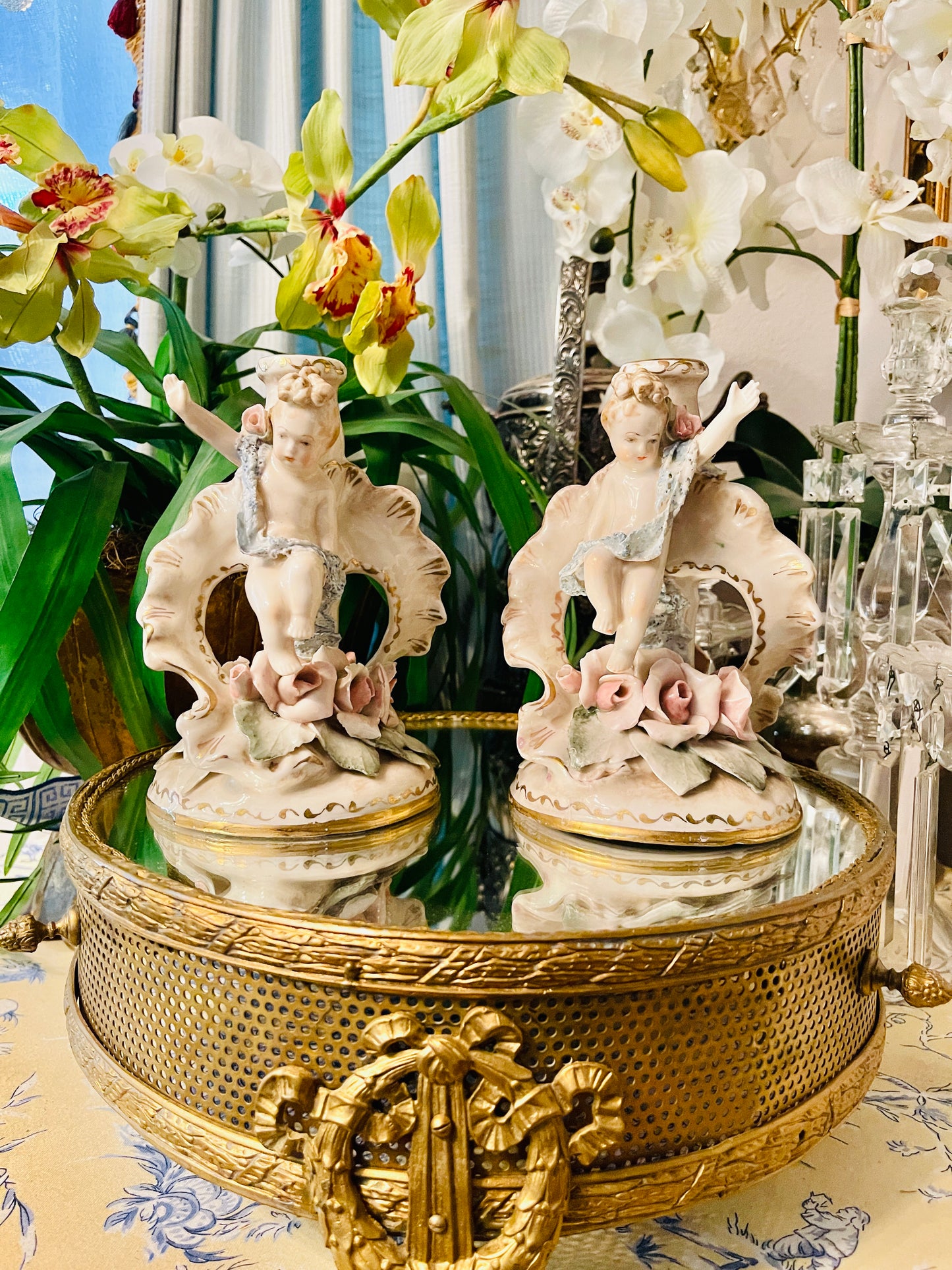 Vintage Cordey Porcelain Cherub Candleholders with Roses – Mirrored Pair