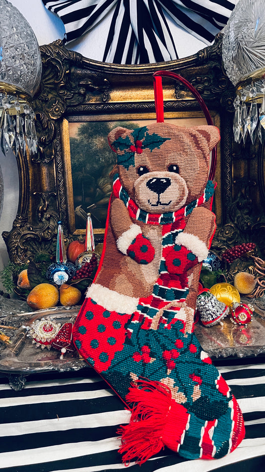 Vintage Teddy Bear Needlepoint Christmas Stocking | Dimensional Details & Red Fringe