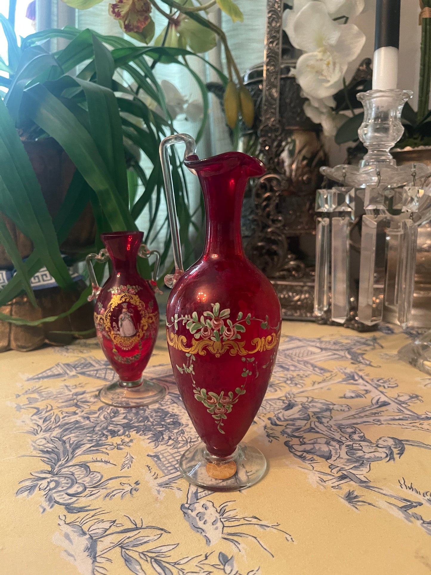 Murano Ruby Romance – Antique Venetian Glass Ewer with Lady & Tall Ship Scene- Monte Vista Estate
