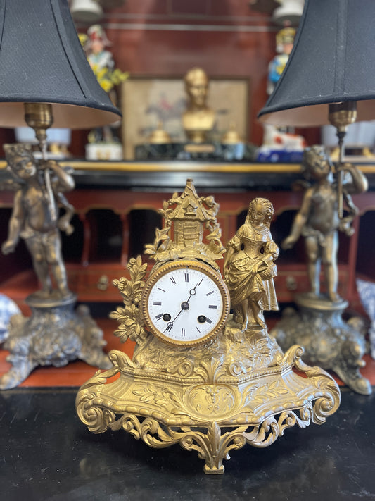 French Gilt Spelter Mantle Clock, 19th Century PH Mourey Figural Clock