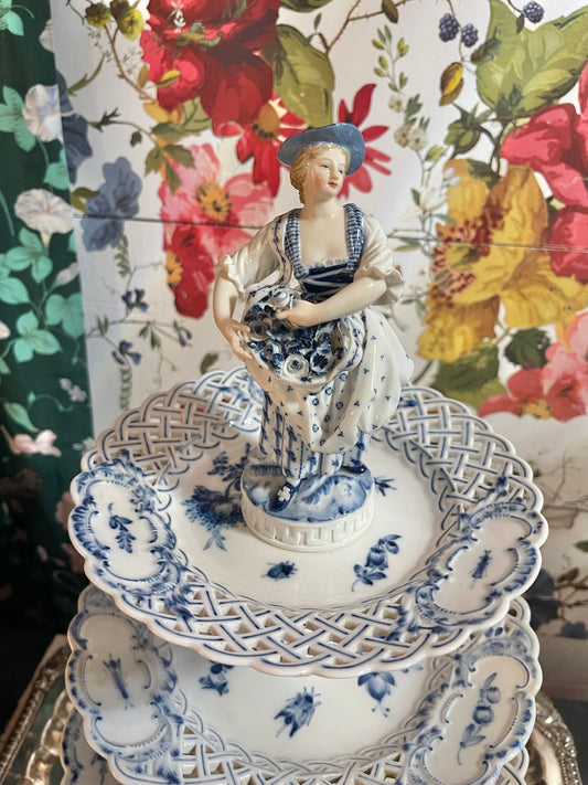 Antique Meissen Figural 3-Tier Blue & White Server with Lady Finial | Rare Porcelain Tiered Tray | 22” Tall