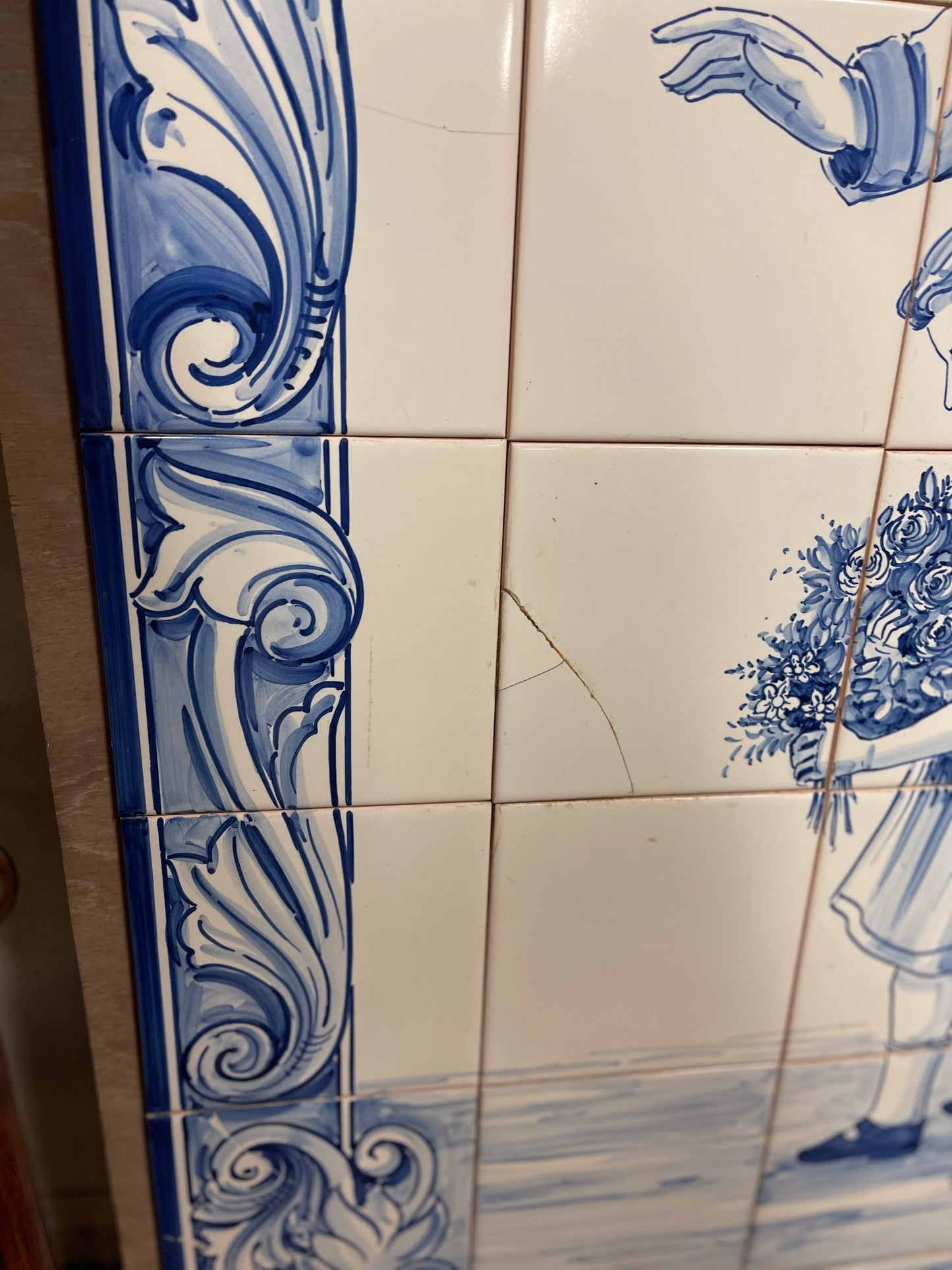 Large Vintage Portuguese Blue and White Tile Mural of a Guardian Angel Watching Over Children