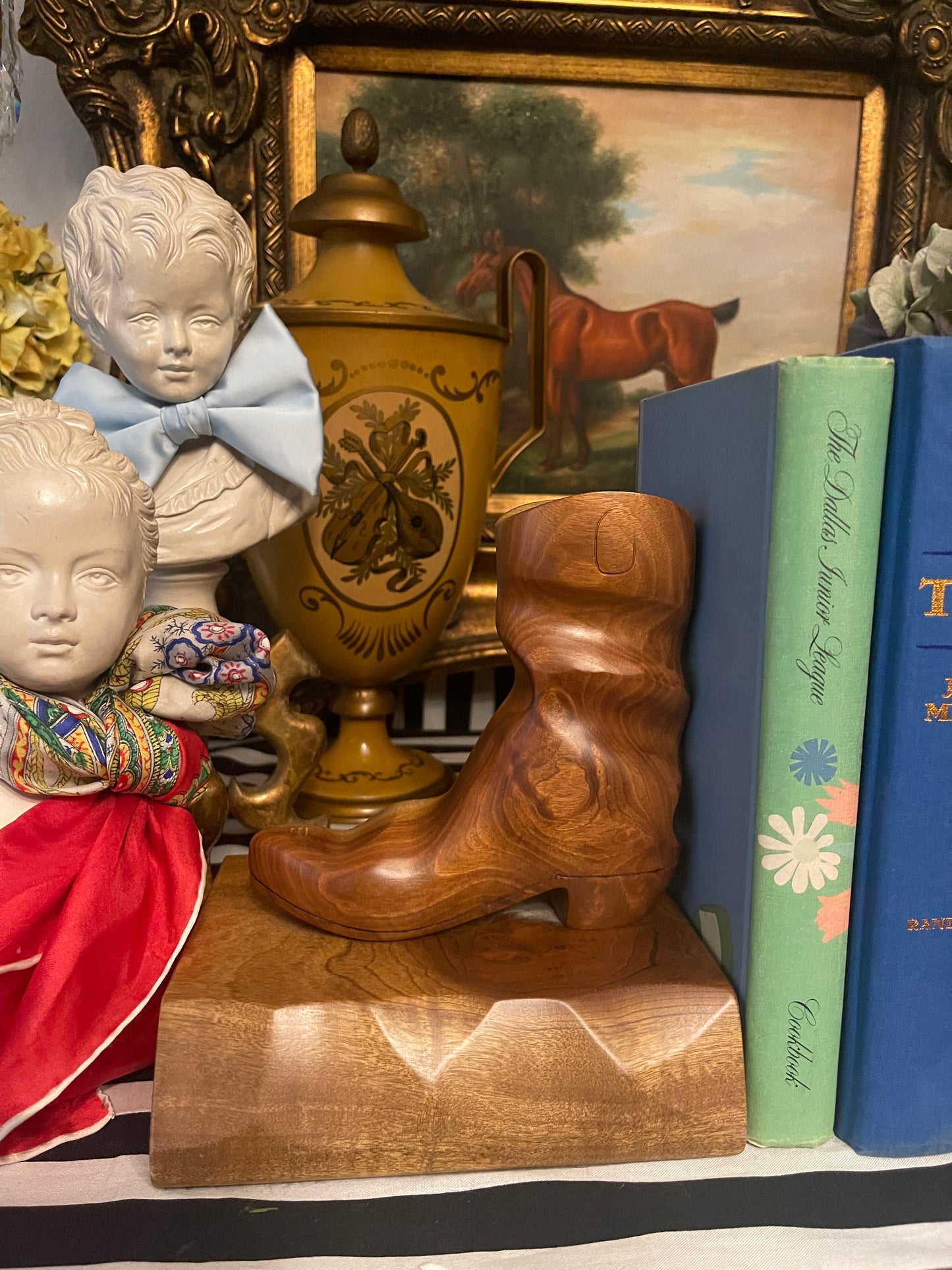 Vintage Carved Myrtlewood Cowboy Boot Bookends on Wood Base