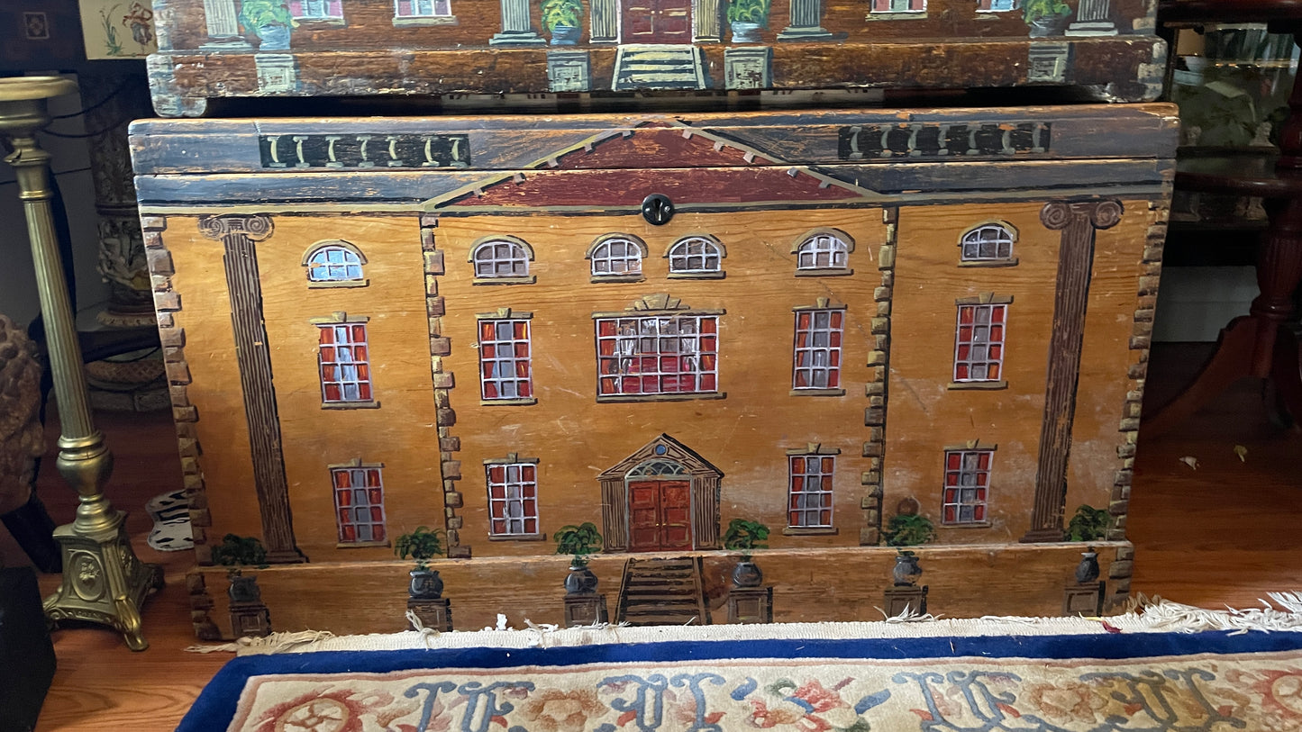 19th Century English Paint-Decorated Blanket Chest, Georgian Manor House Façade, Six Plants in Urns on Columns,  | Estate-Sourced English Folk Art
