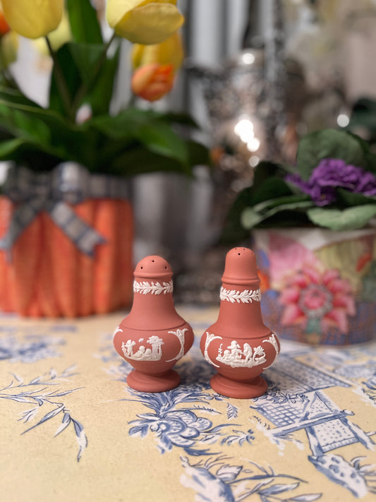 Wedgwood Terracotta (1957-1959) with White Relief Putti Salt and Pepper Shakers, Vintage