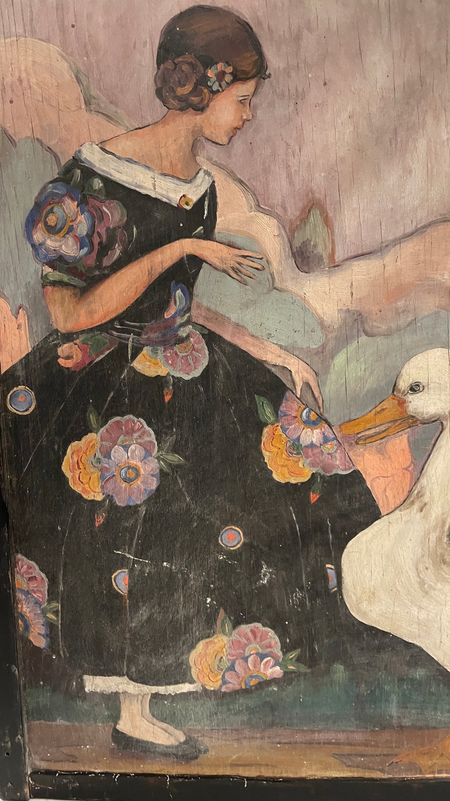 Early 20th Century Hand-Painted Storybook Fireplace Screen with Girl & Geese
