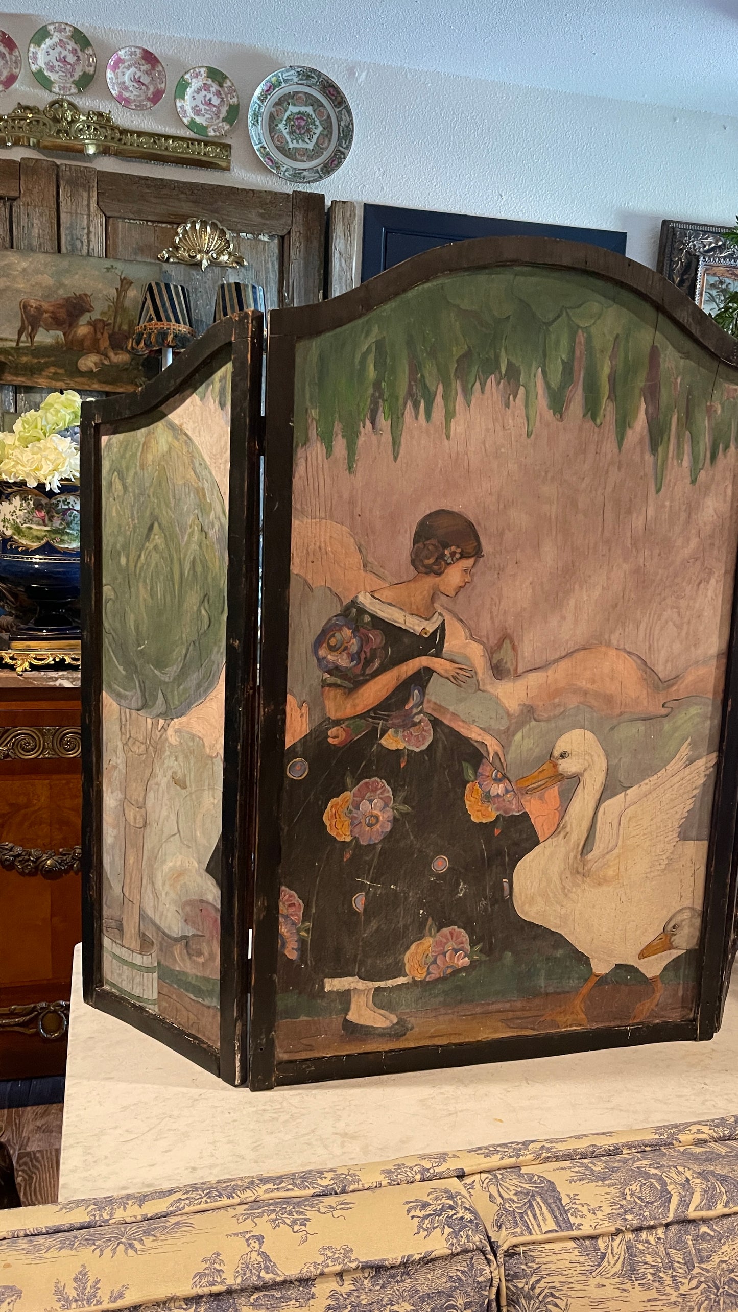 Early 20th Century Hand-Painted Storybook Fireplace Screen with Girl & Geese