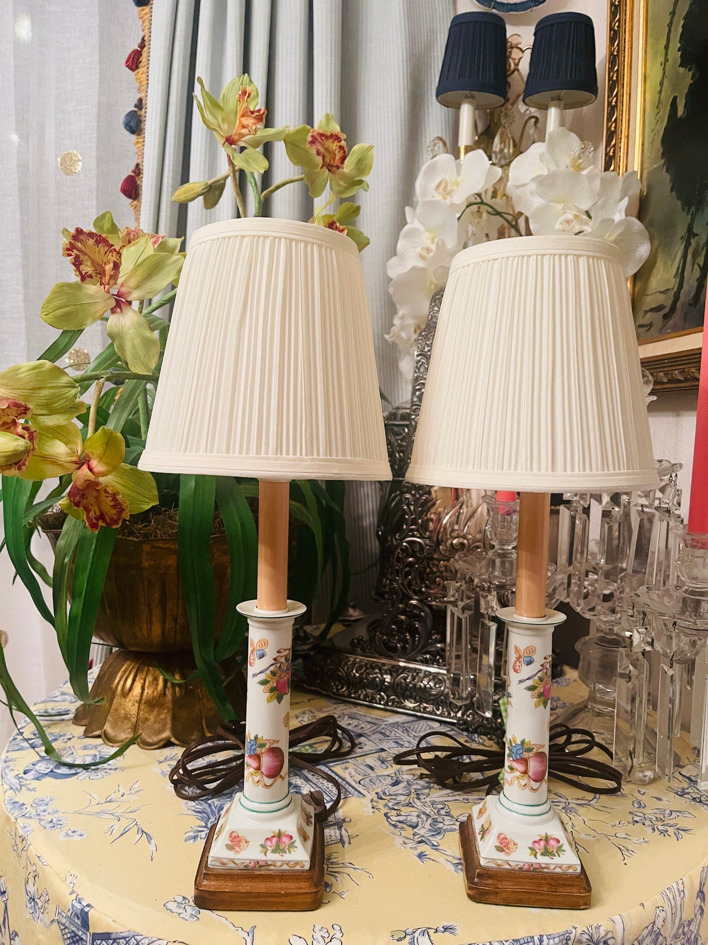 Vintage Pair of Porcelain Candlestick Lamps, Estate Decor