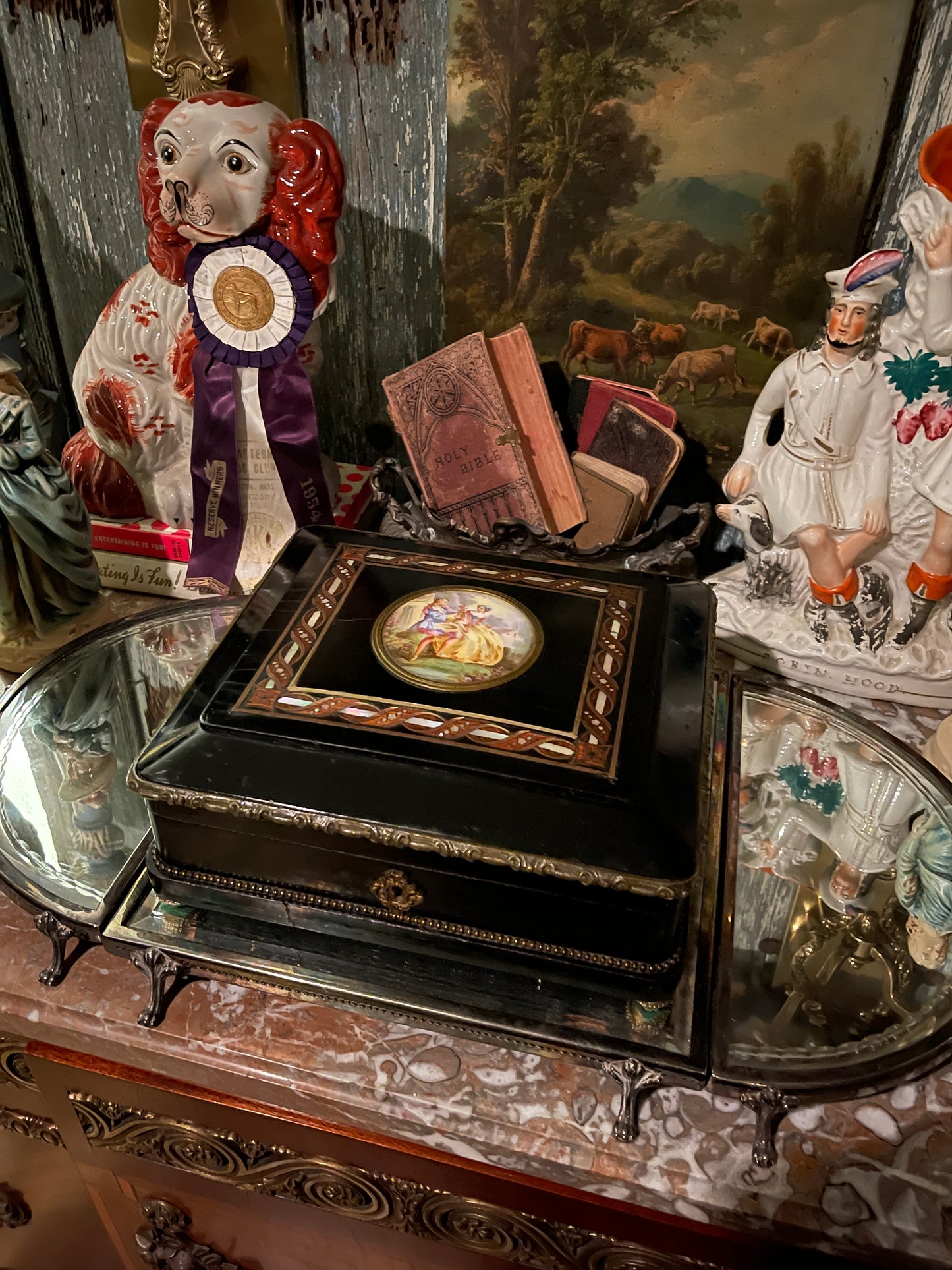 19th Century French Napoleon III Ebonized Mother-of-Pearl Inlaid Box with Hand-Painted Porcelain Plaque – Round Top Find