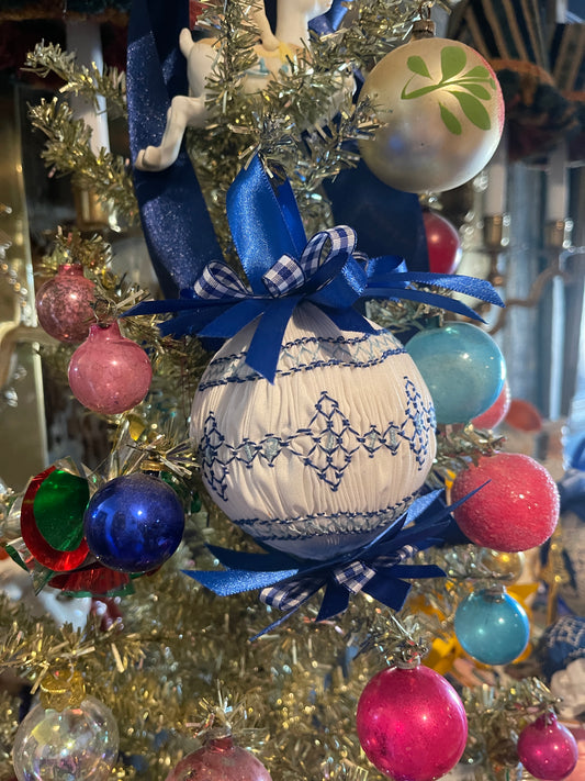 3” Blue and White Vintage Smocked Christmas Ornament