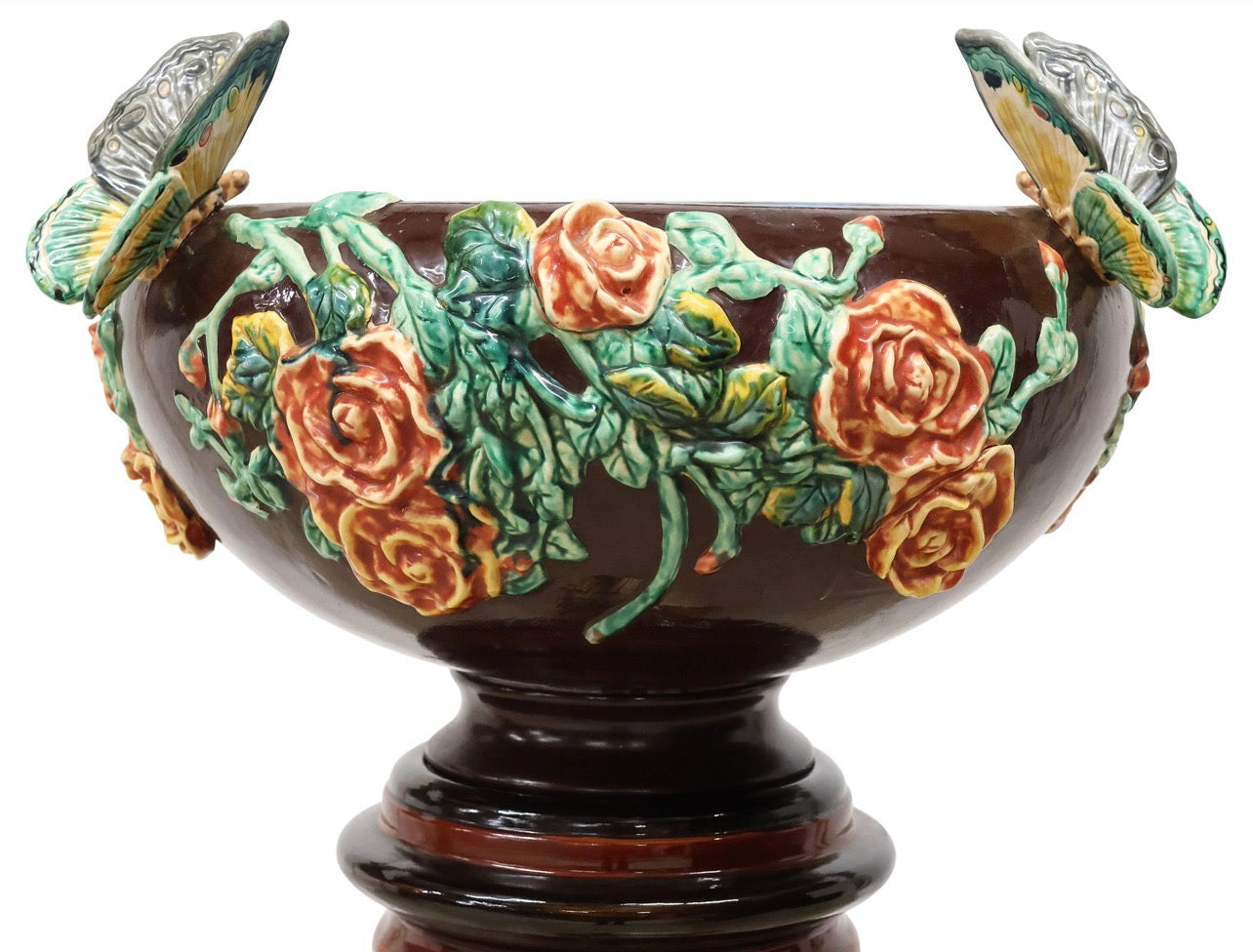 Monumental French Art Nouveau Majolica Jardinière on Heron Stand | Vallauris Style | Palm Beach Chic Coastal Garden Statement Piece
