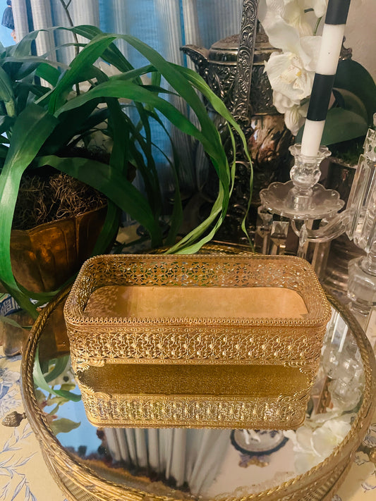 Ornate Ormolu & Beveled Glass Jewelry Casket Box — Vintage Filigree Vanity Treasure