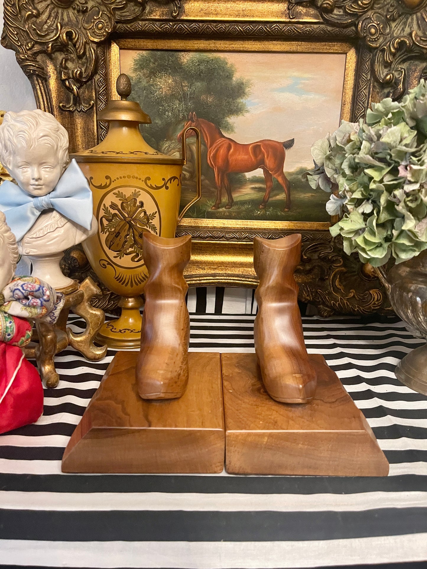 Vintage Carved Myrtlewood Cowboy Boot Bookends on Wood Base