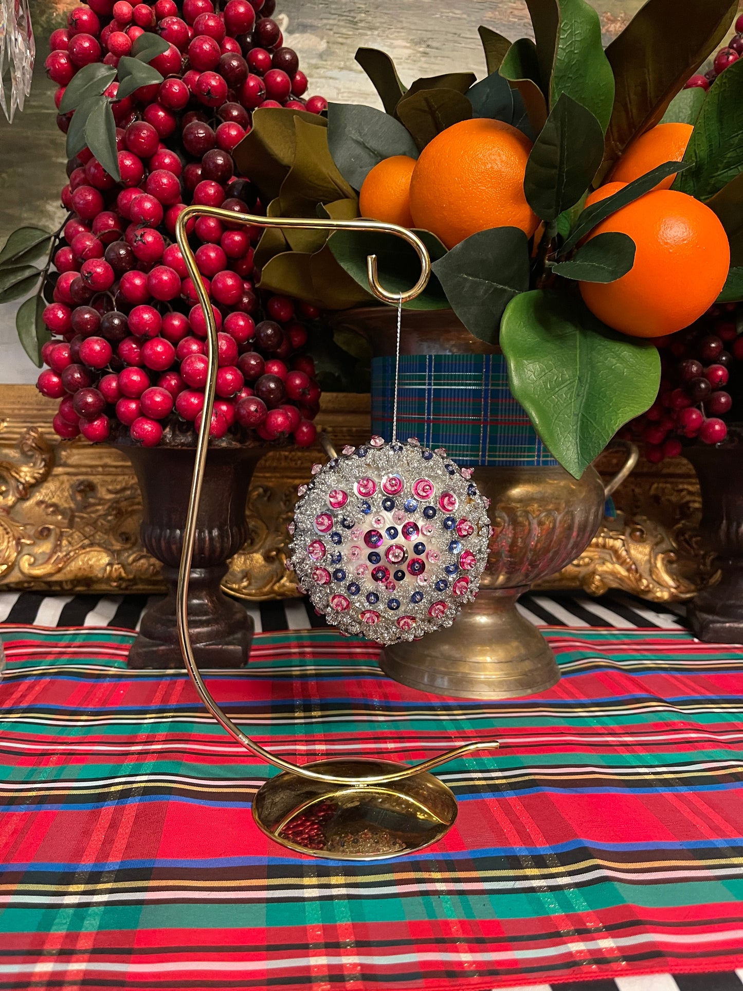 Vintage Push Pin and Satin String Ornament with Pink, and Blue Sequins and Silver Beads