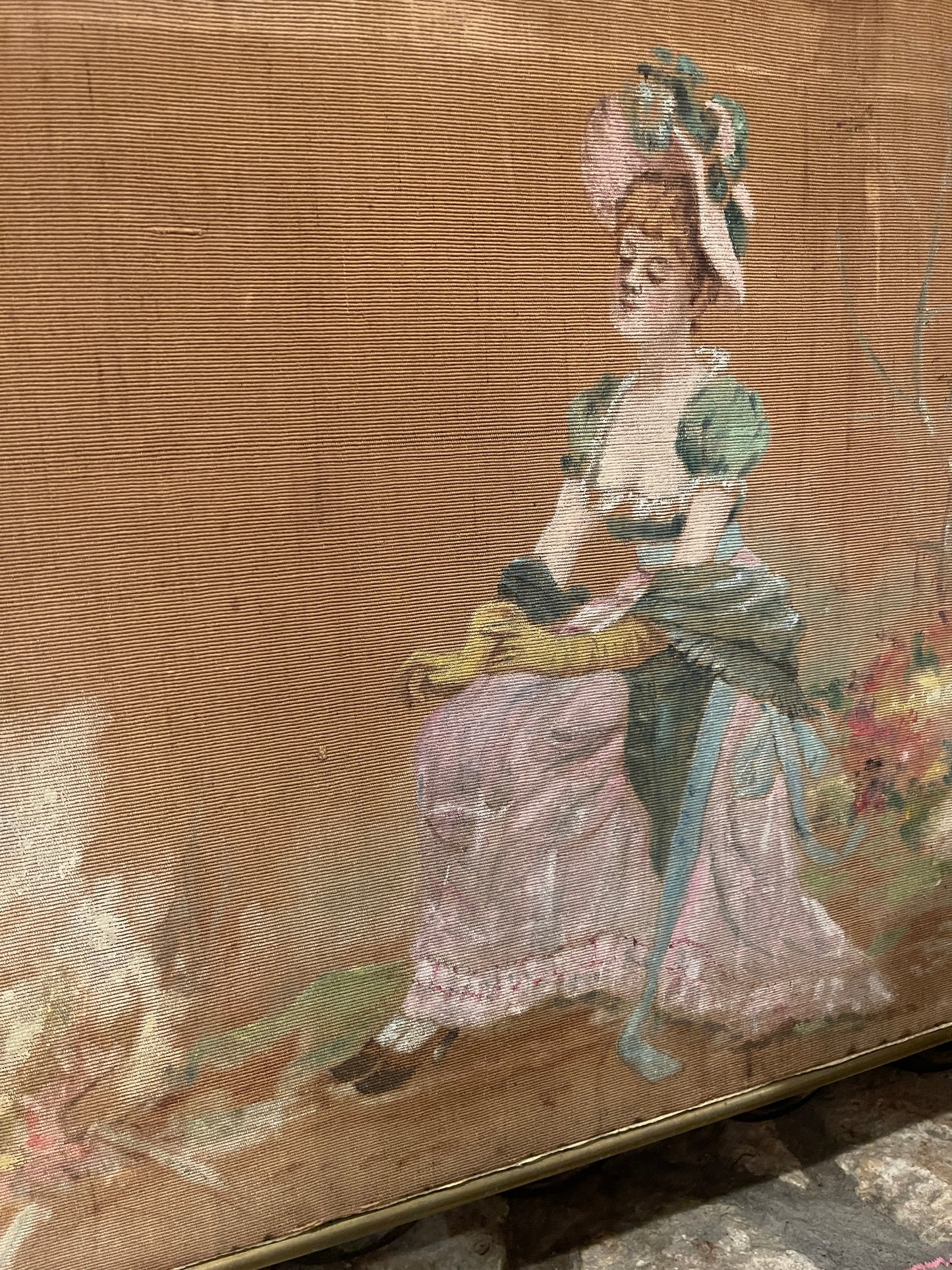 Antique Victorian Hand-Painted Fireplace Screen on Fabric with Brass Frame | Romantic 19th-Century Art Panel | Found in Round Top