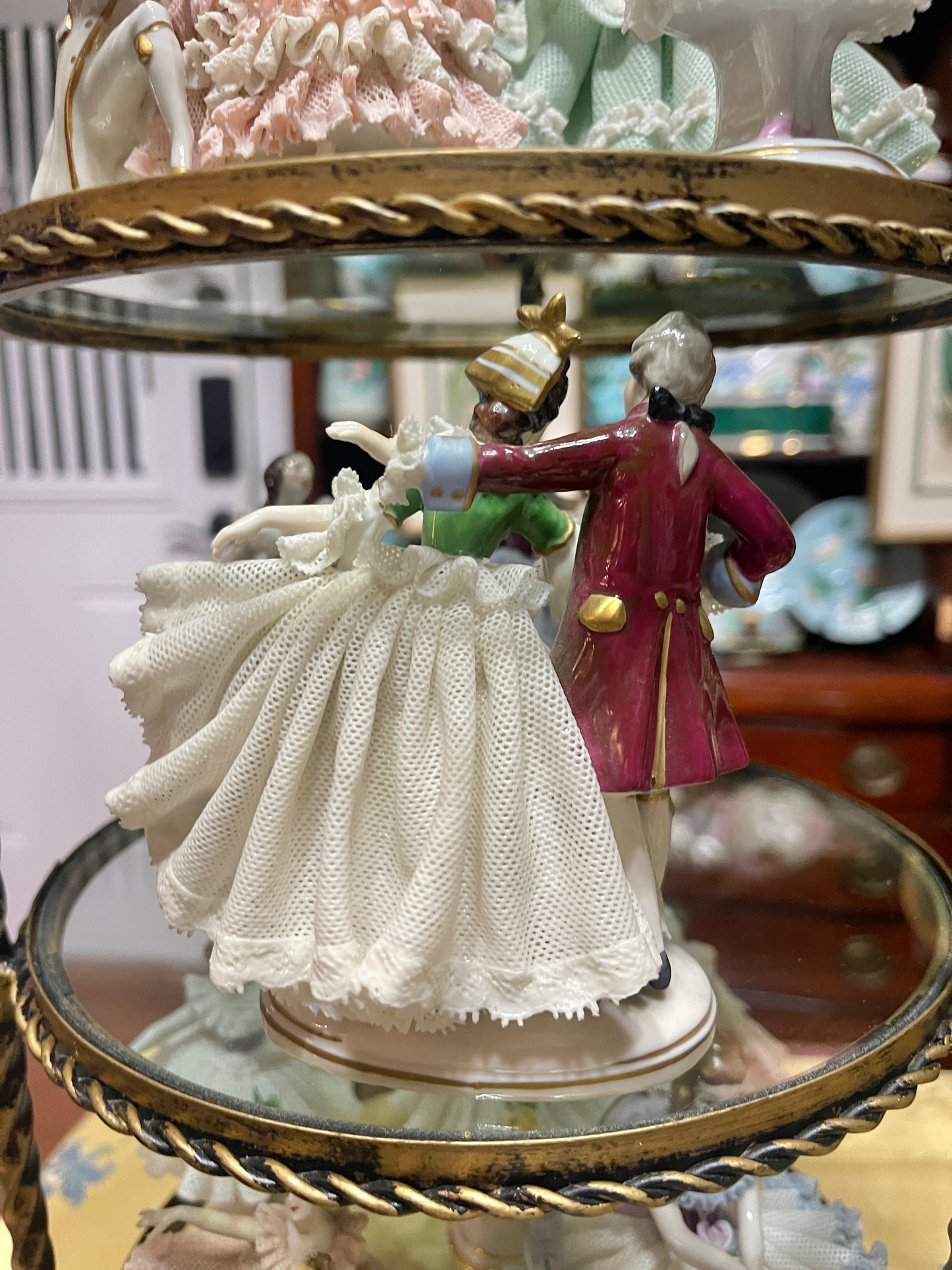 German Porcelain Dancing Couple Dresden-Style Lace Dancer Figurine | Vintage European Porcelain